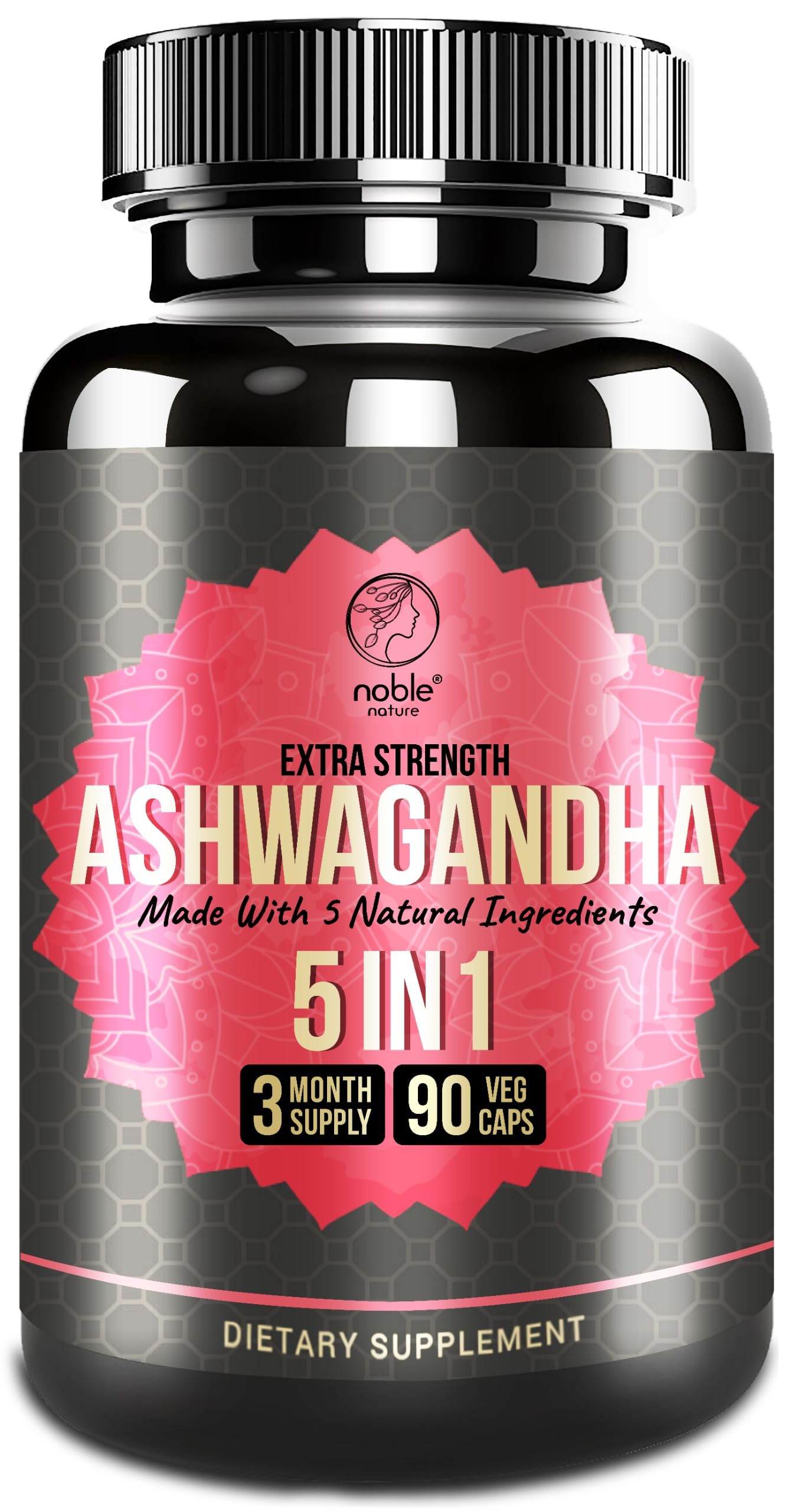 Noble Nature Ashwagandha Supplement with Turmeric, Rhodiola Rosea, Ginger Root, and Black Pepper Extract Capsule 90 Count