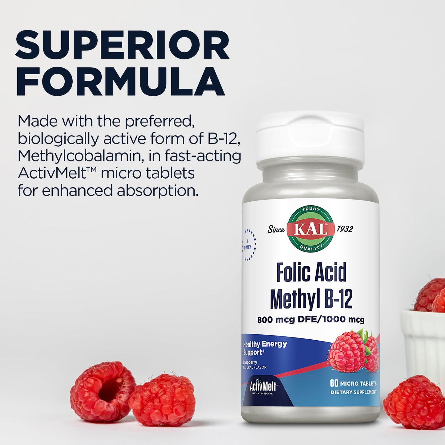 KAL 800 mcg Folic Acid Methyl B-12 Tablets, 60 Count