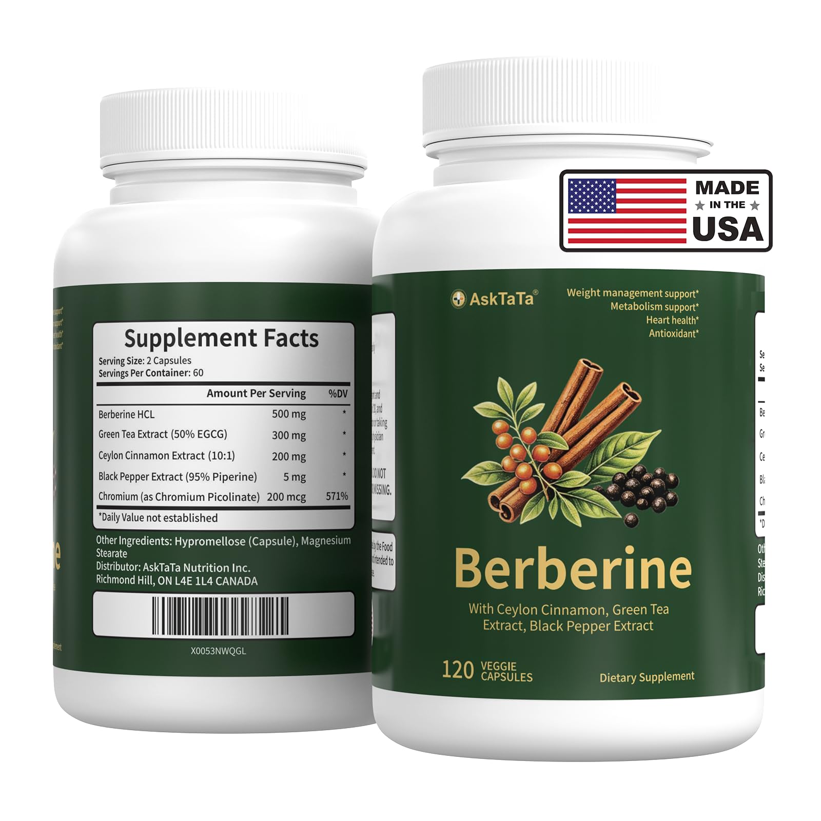 AskTaTa Berberine Complex Supplement with Ceylon Cinnamon, Green Tea Extract, Black Pepper Extract, Chromium Picolinate, Natural Herbal Complex, 1 Capsule