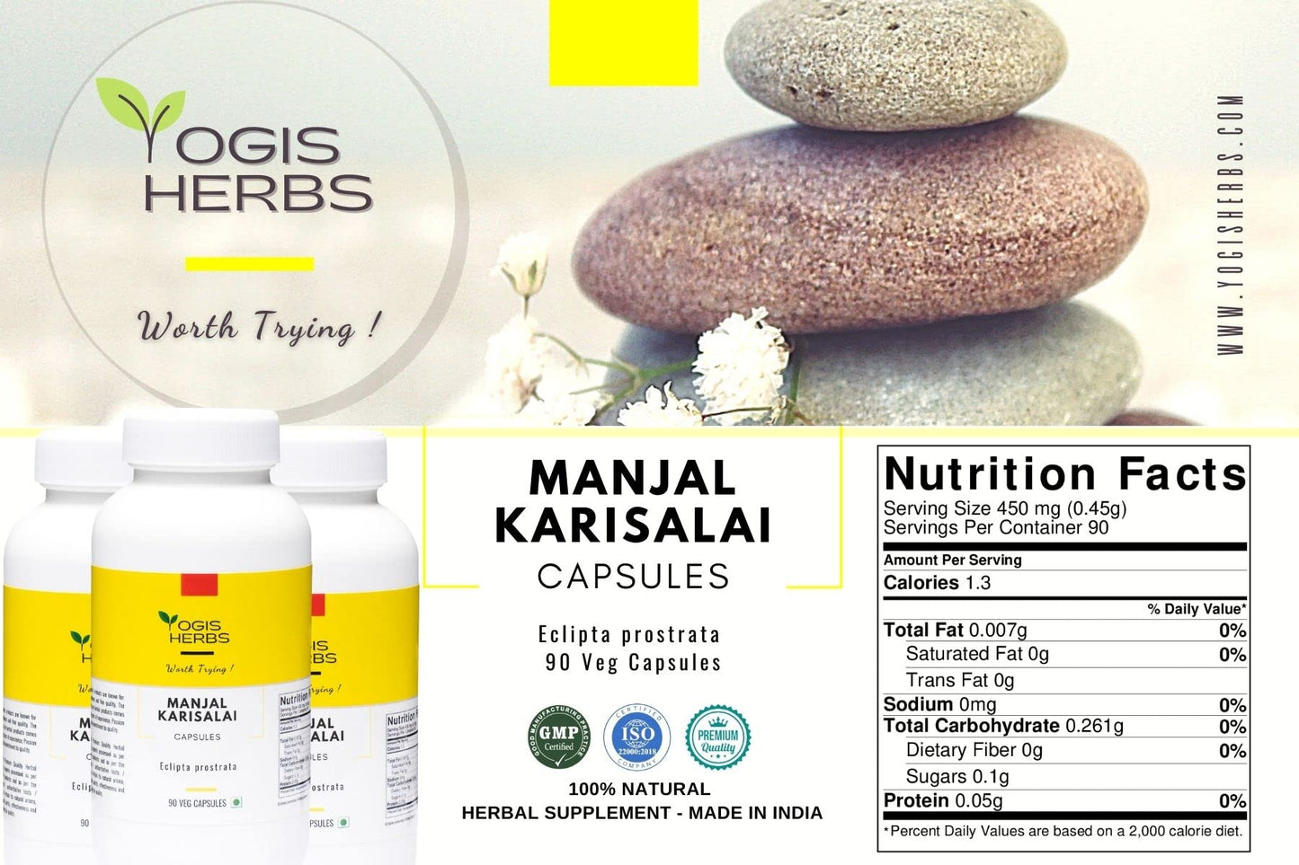 YOGIS HERBS Manjal Karisal Bhringraj Capsules (False Daisy, Eclipta alba) Herbal Supplement, 90 Veg Capsules