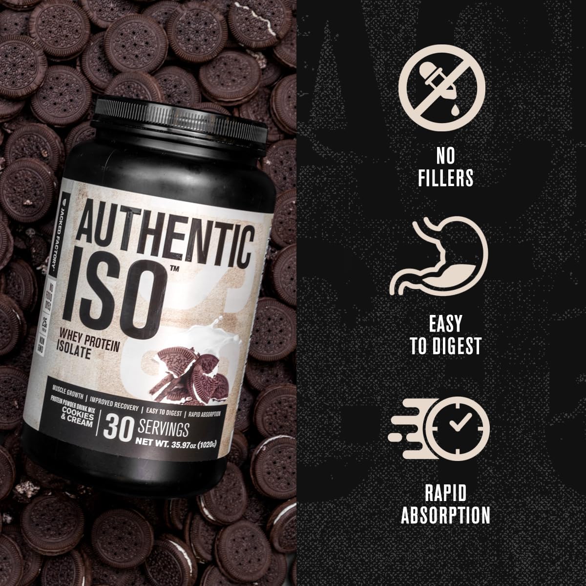 Jacked Factory ISO Whey Protein Isolate Powder Cookies & Cream, 30 Servings