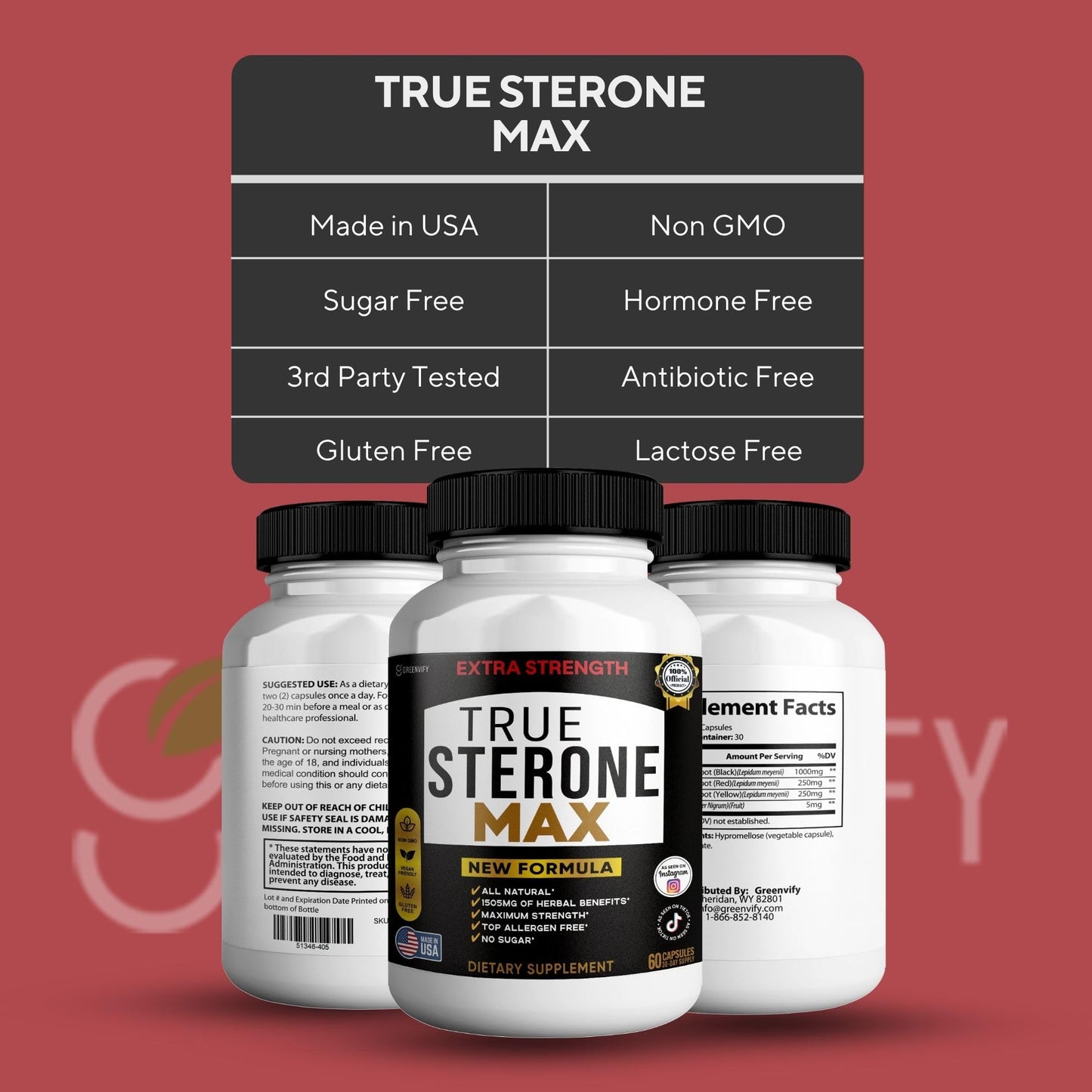 GREENVIFY True Sterone Max Extra Strength Dietary Supplement Organic Maca Root Complex Capsule 60 Count