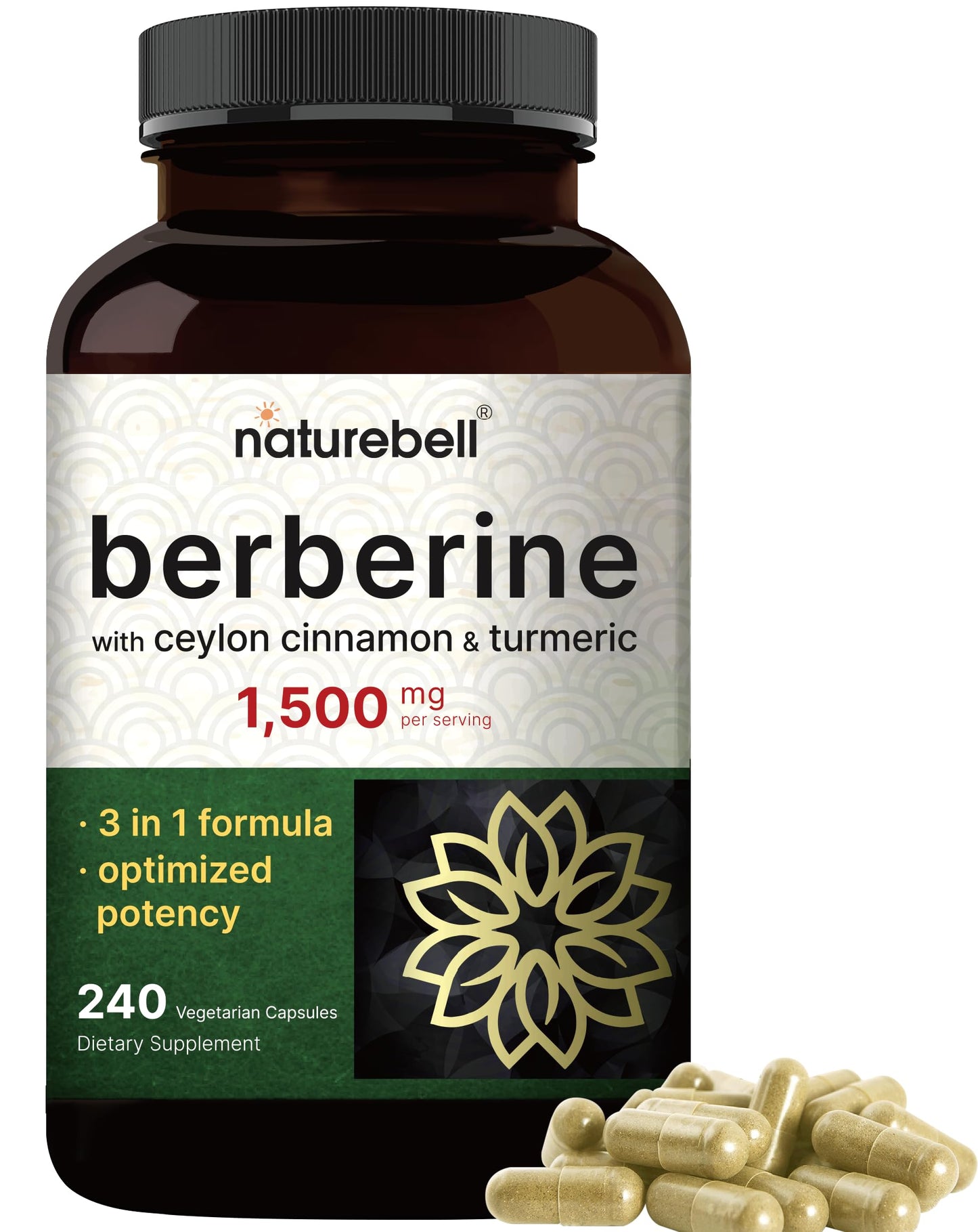 NatureBell Berberine Supplement 1,500mg with Ceylon Cinnamon & Turmeric Root Capsules, 240 Count