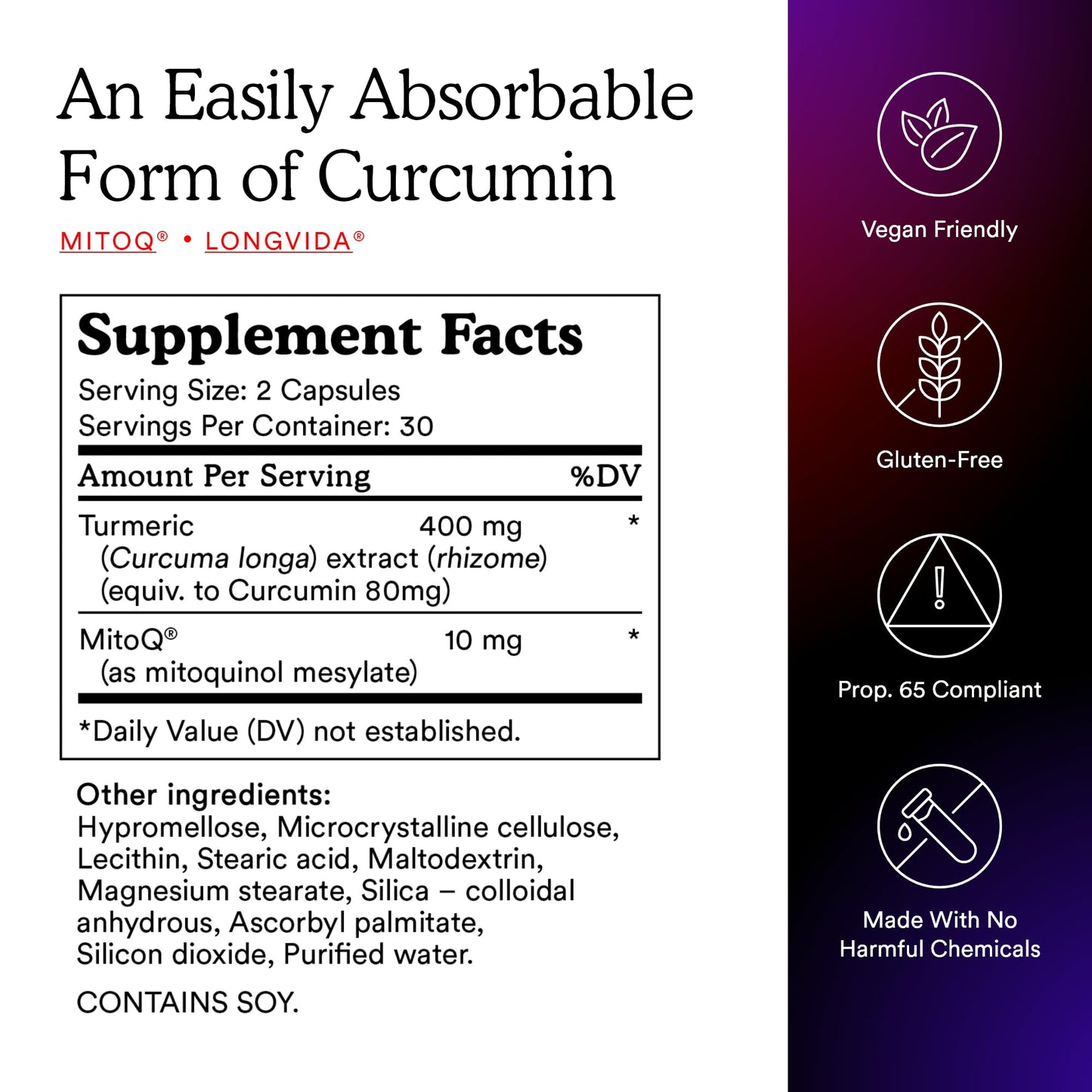 MitoQ Curcumin Longvida Lipidated Formula Mitochondria-targeted Antioxidant Ultra Bioavailable & Sustained Action Free-Form Curcumin Capsules, 60 Count