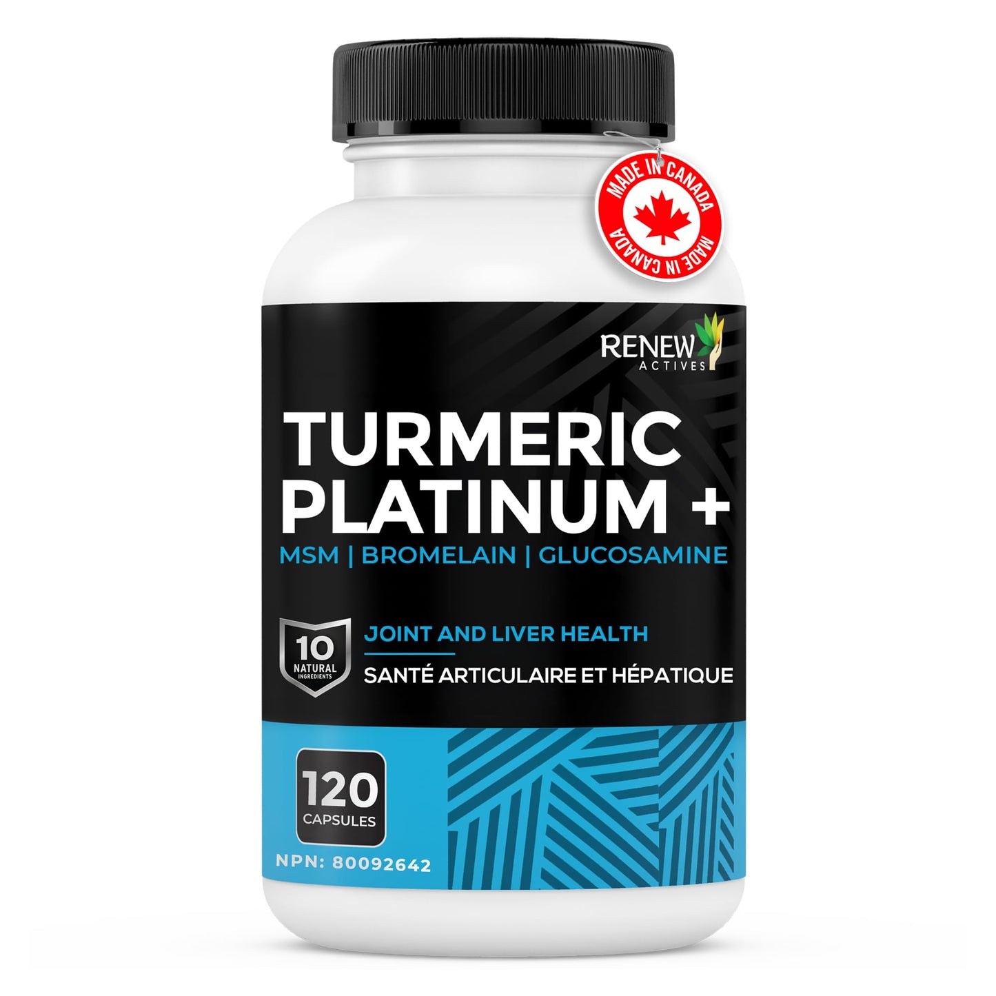 Renew Actives Turmeric Platinum 1350MG per 3 Capsules with Black Pepper & Ginger, 120 Capsules