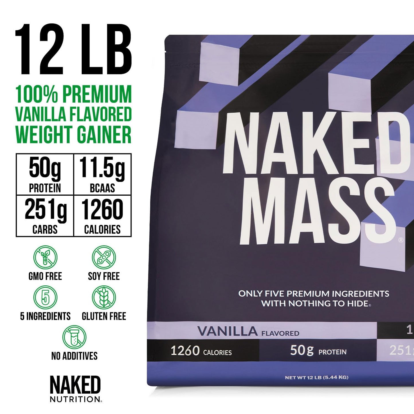 NAKED Vanilla Mass Weight Gainer Protein Powder, 12 lb, 192 Servings