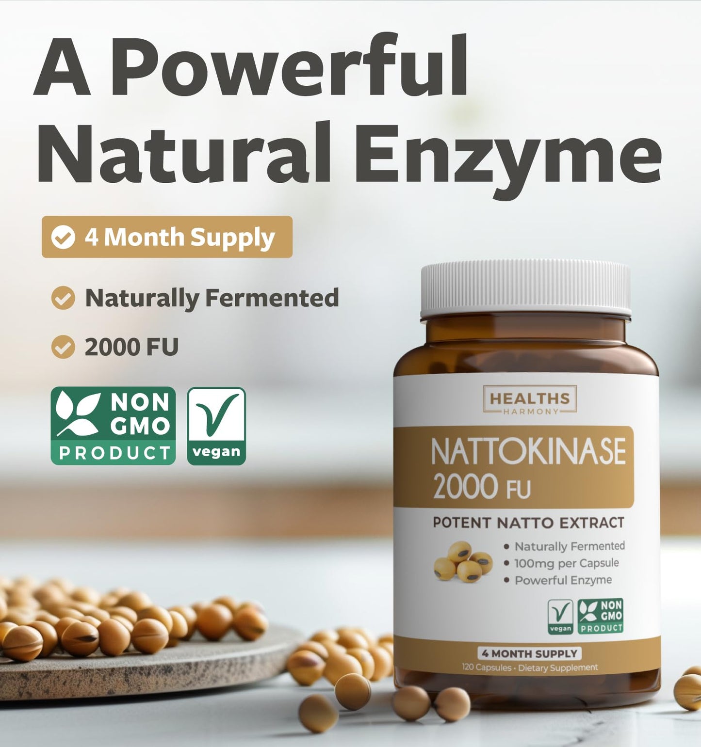 Healths Harmony Nattokinase 2000 FU Capsules, 120 Count, Non-GMO