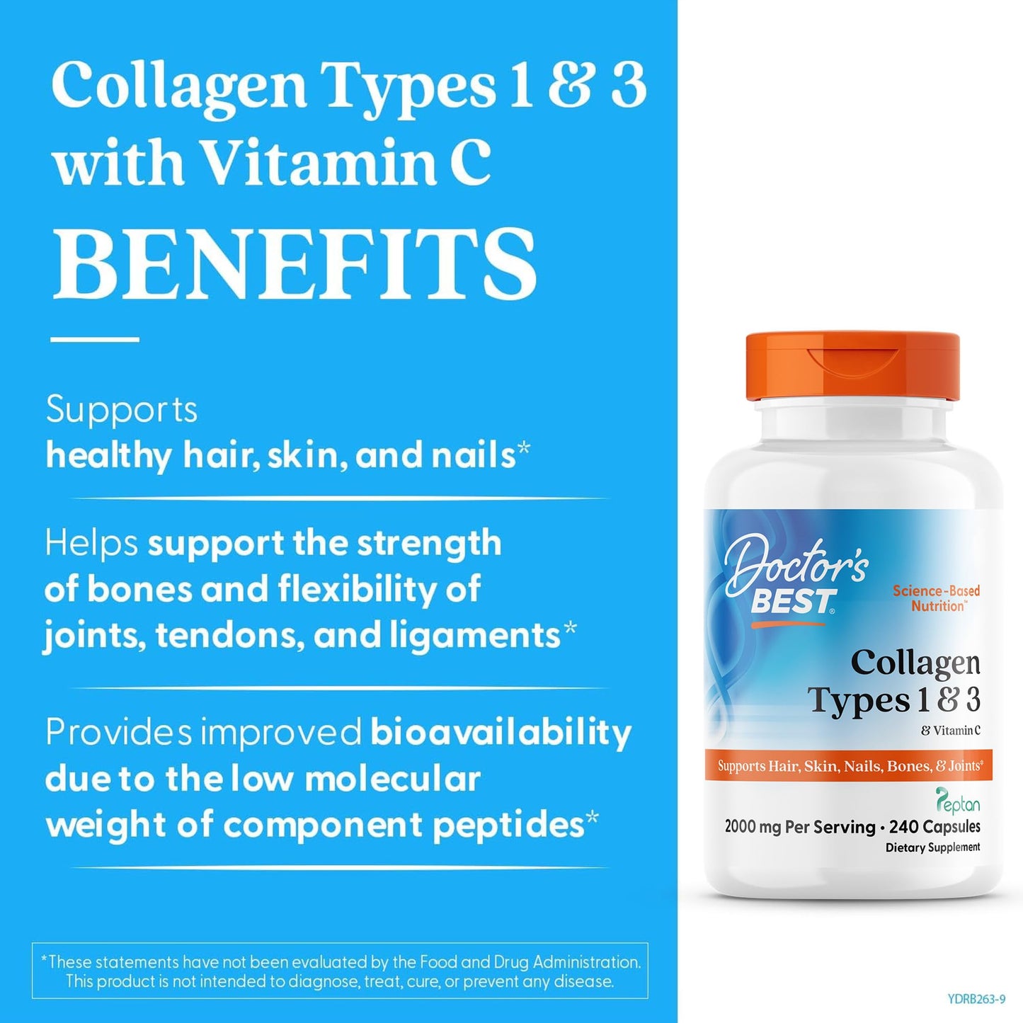 Doctor's Best Collagen Peptides Types 1 & 3 Collagen Supplement for Hair, Skin, Nails & Joint Health, 240 Capsules