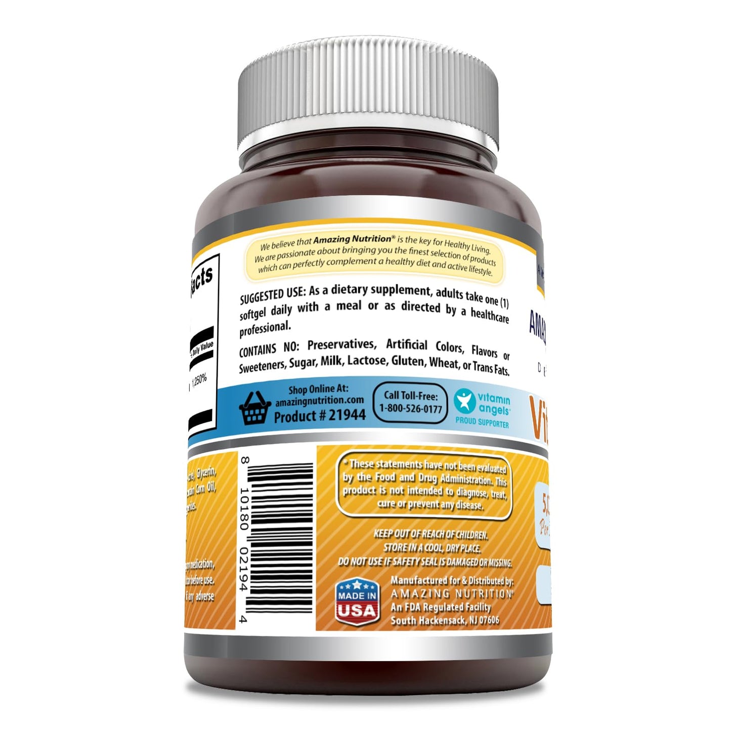 Amazing Nutrition Vitamin D3 (Cholecalciferol) Supplement Softgels 180 Count