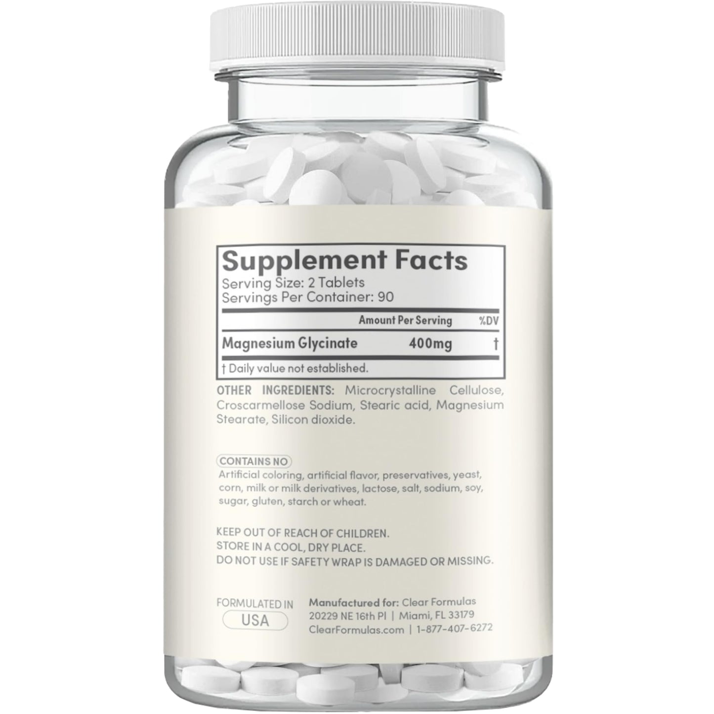 Clear Formulas Magnesium Glycinate 400mg Tablets, High Absorption, 180 Tablets