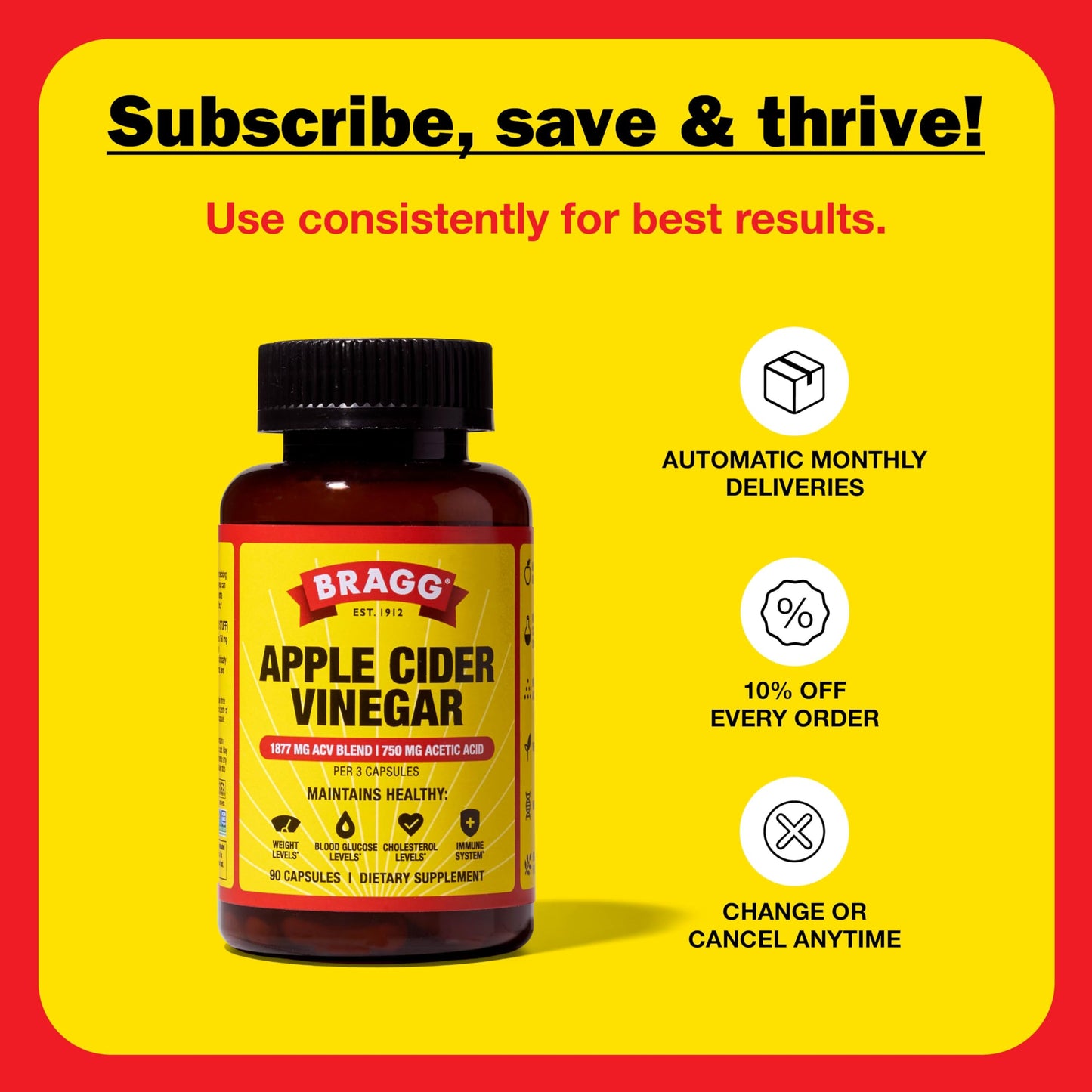 Bragg Organic Apple Cider Vinegar Capsules with Vitamin D and Zinc, 90 Count