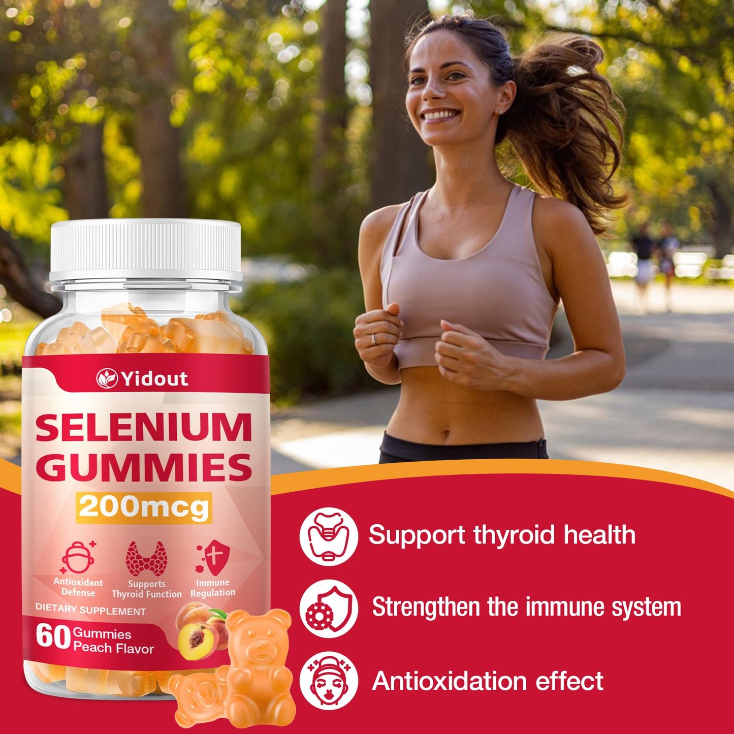 Yidout Selenium Supplement for Thyroid Support Gummy, 60 Count, 200mcg