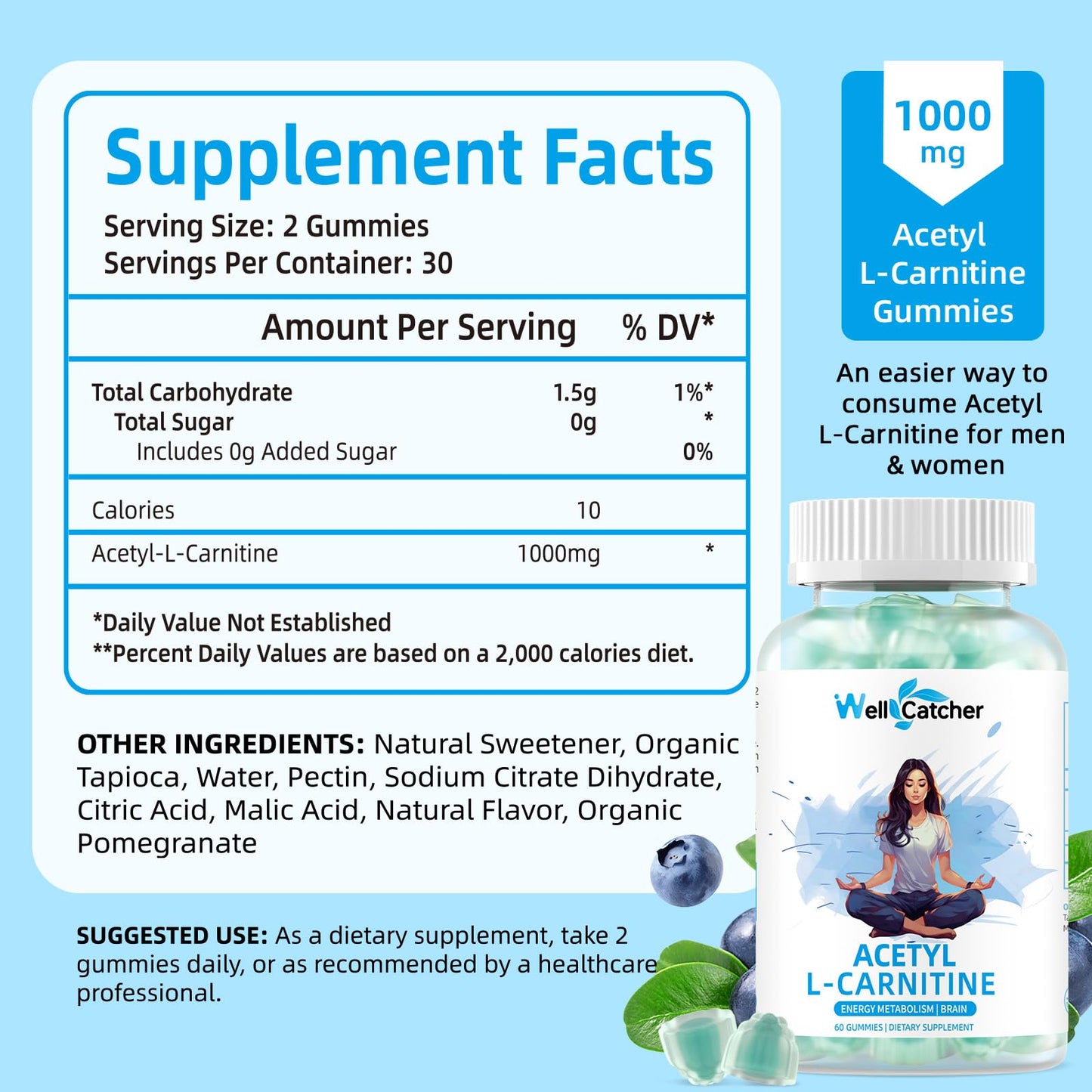 Wellcatcher Acetyl L-Carnitine Supplement 1000MG Gummies 60 Count