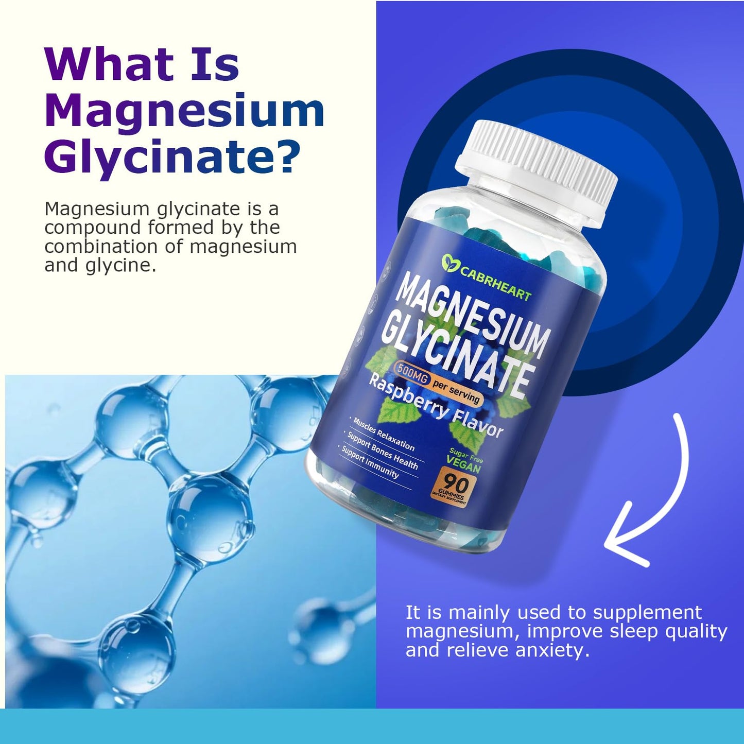 CABRHEART Magnesium Glycinate Gummies 500mg, 90 Count