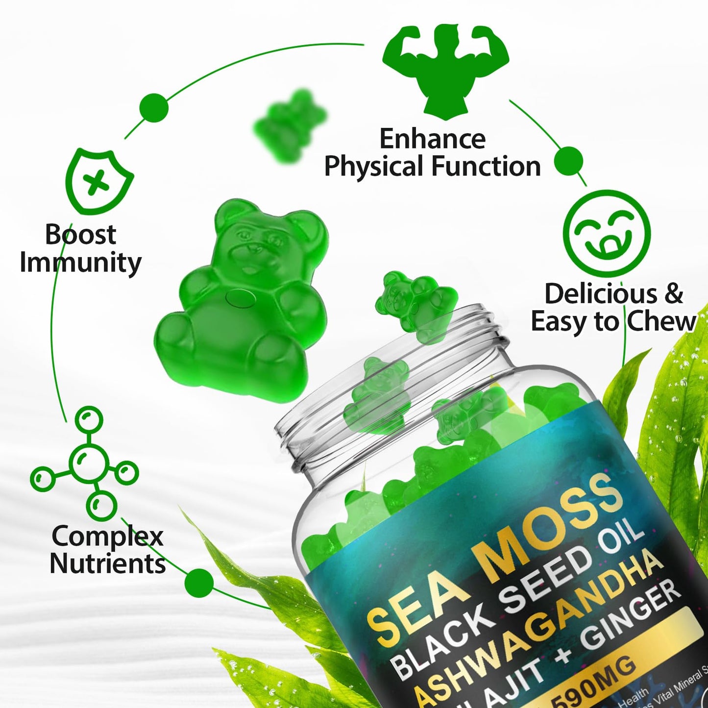 Generic Sea Moss Gummies with Elderberry, Black Seed Oil, Ashwagandha & Ginger, 60 Count