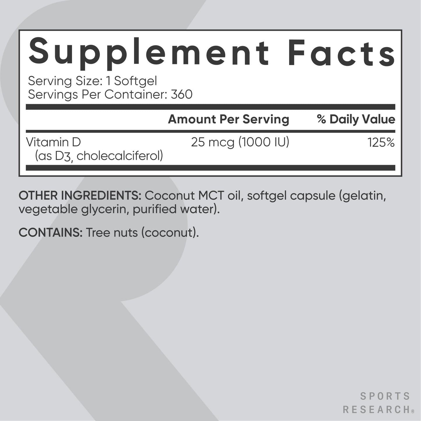 Sports Research Vitamin D3 1000iu/25mcg with Coconut Oil Softgel, 360 Softgels