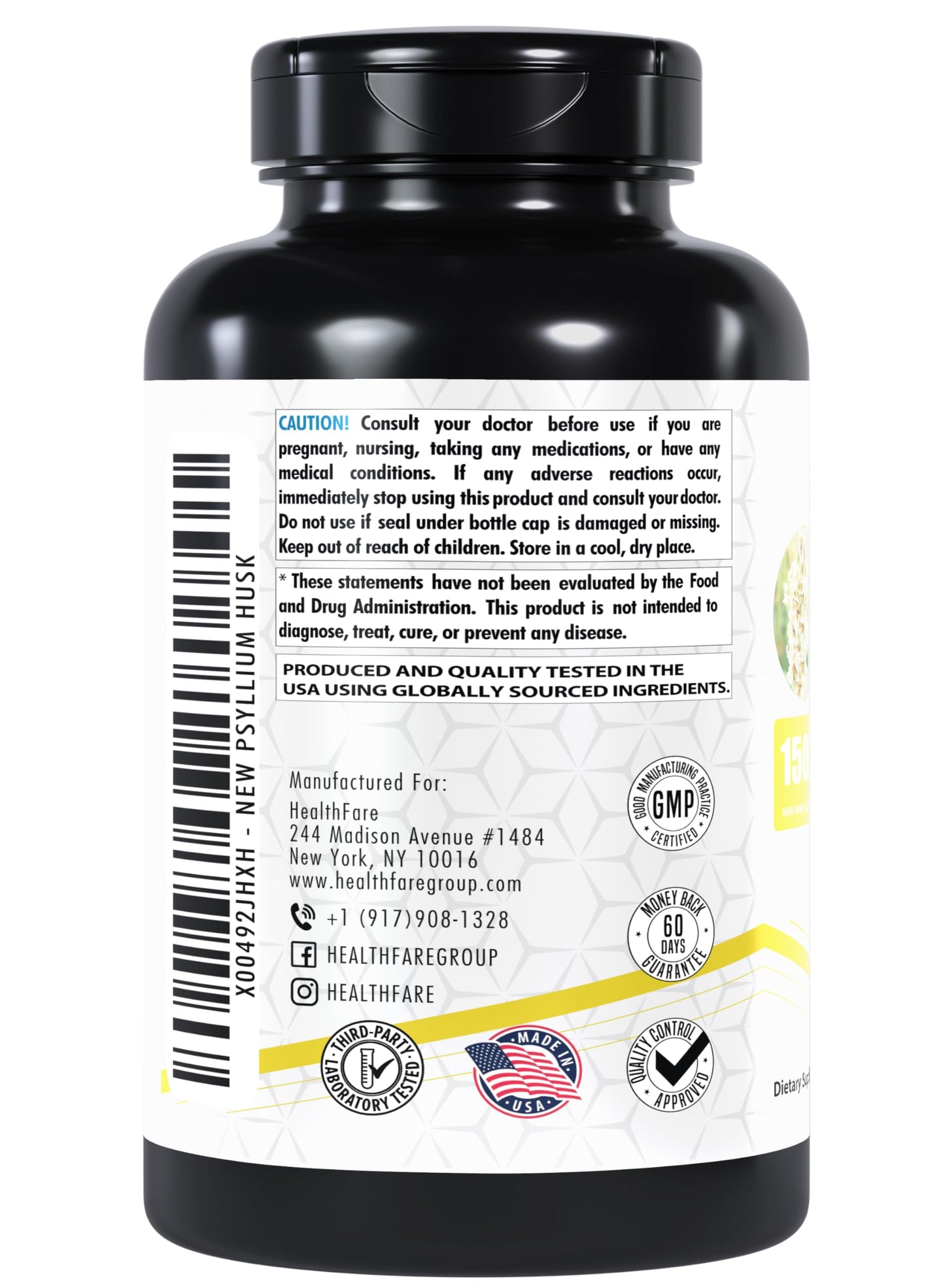 Healthfare Psyllium Husk Capsules 1500mg, 480 Capsules