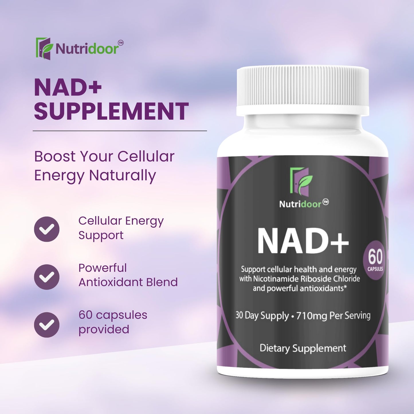 NUTRIDOOR NAD+ Booster Supplement 710mg Nicotinamide Riboside with Resveratrol & Quercetin - Anti-Aging & Energy Support, 60 Capsules