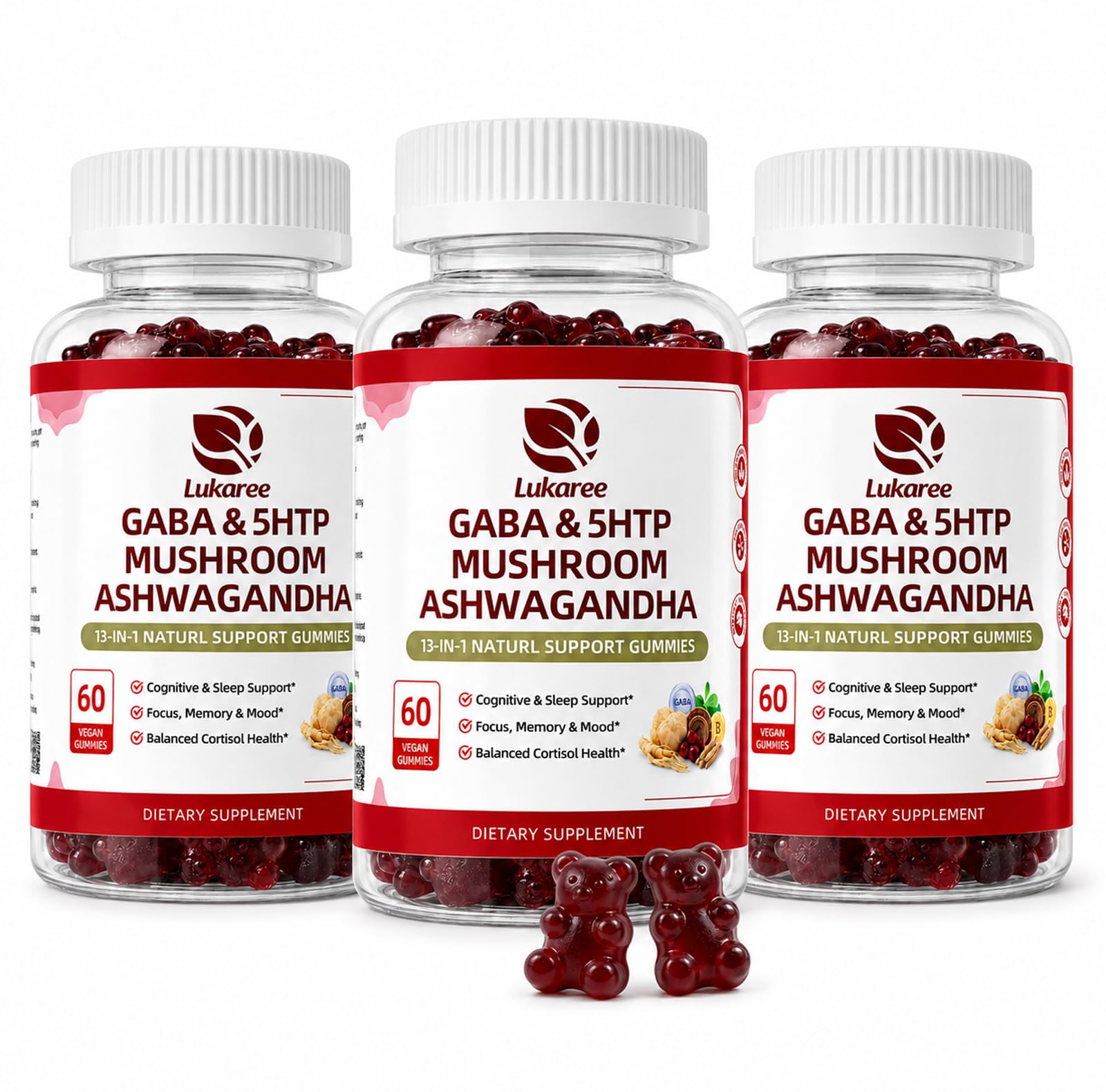 Lukaree Mushroom & GABA Supplement for Restful Sleep, Mood & Cognitive Gummies, 180 Gummies
