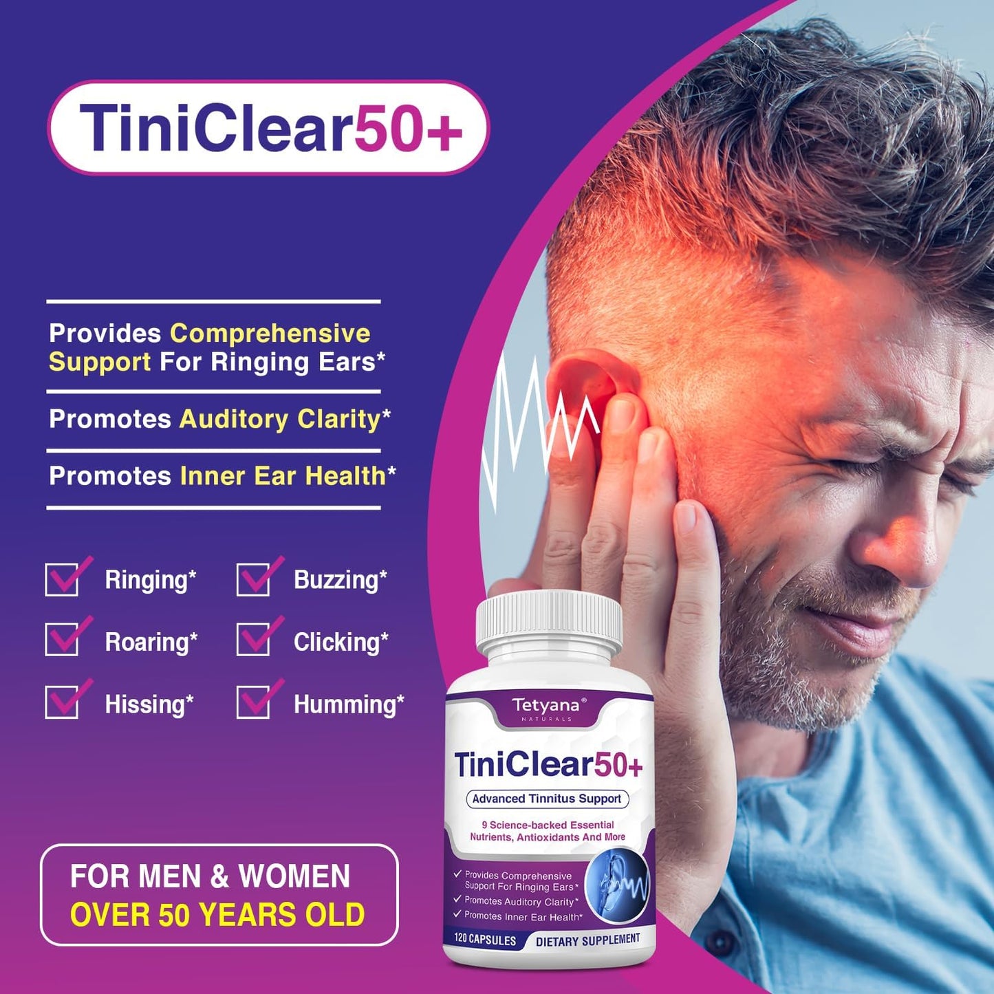 Tetyana Naturals Tinnitus Relief for Ringing Ears Supplement: Natural Hearing Health Formula, 120 Capsules