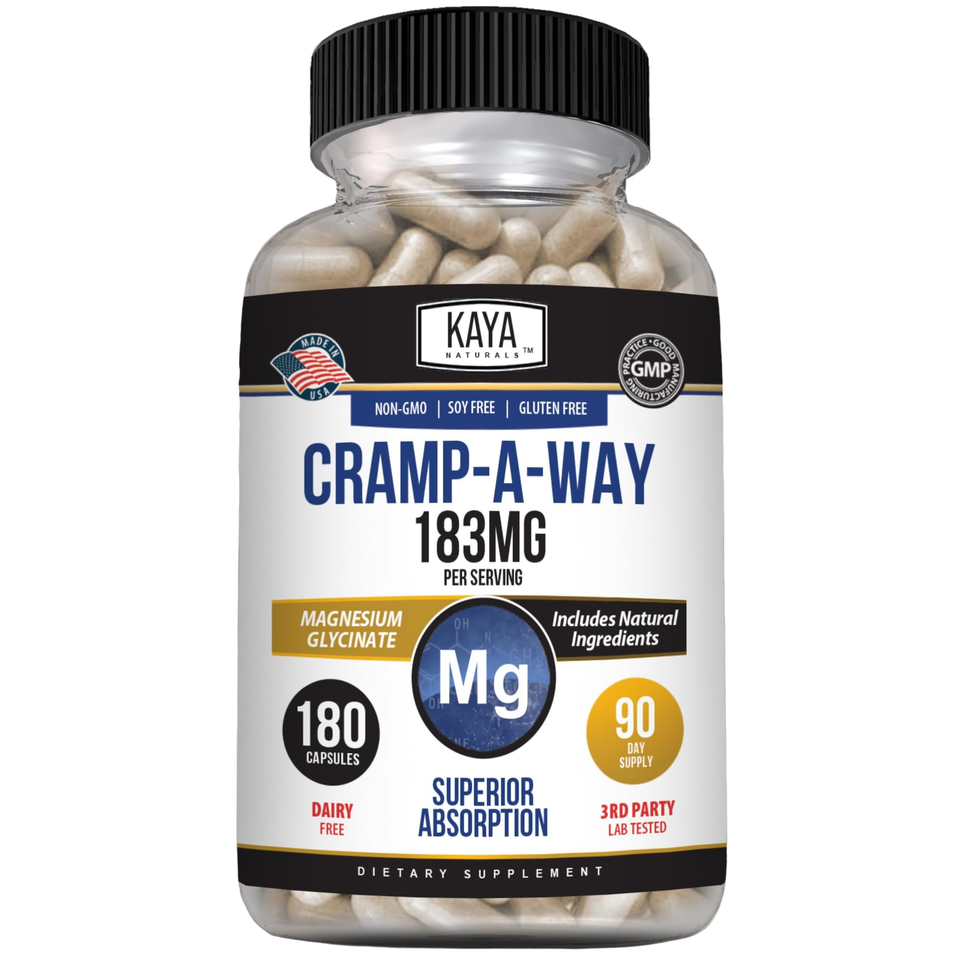 Kaya Naturals Cramp-A-Way Magnesium Glycinate 183mg Capsules, 180 Count
