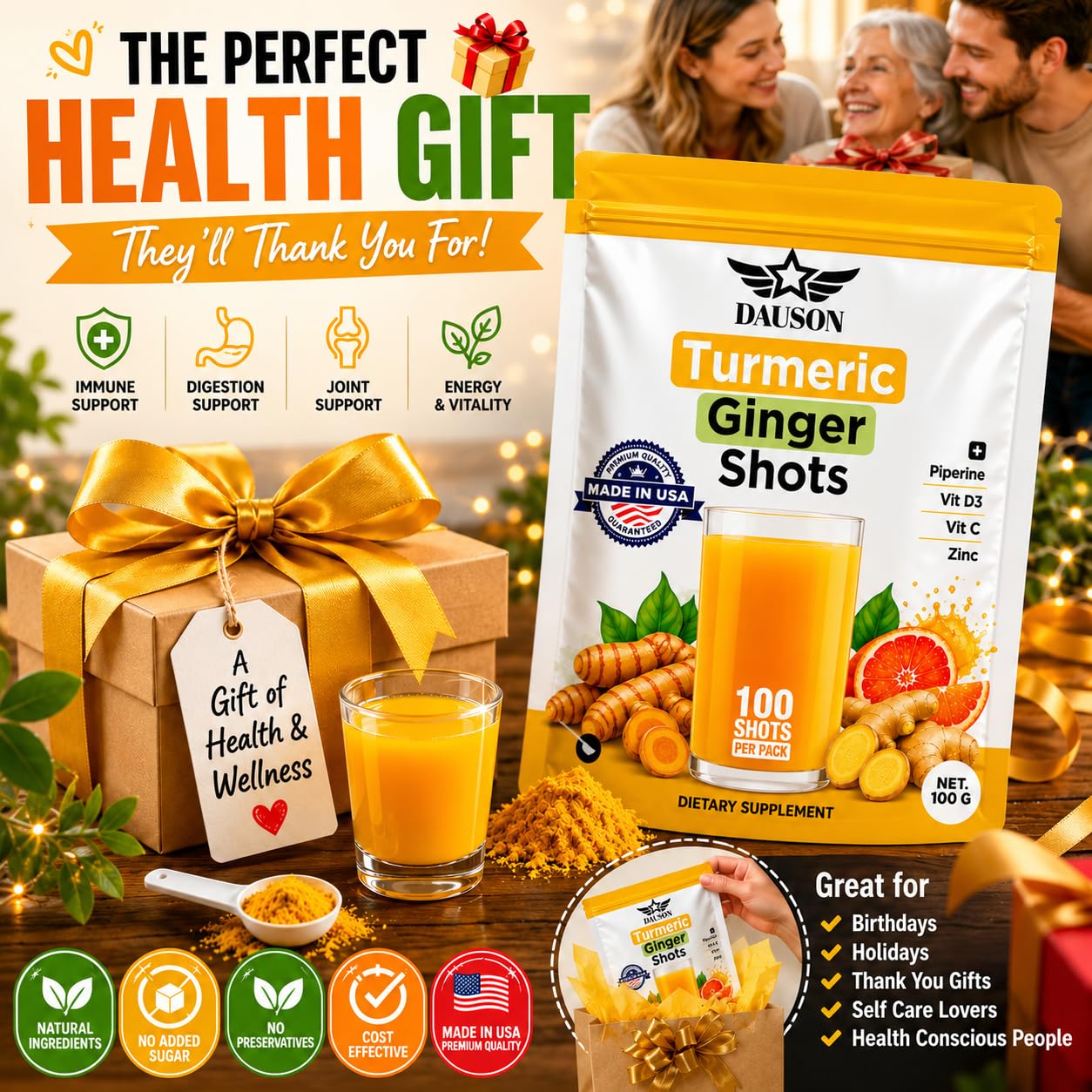 DAUSON Turmeric Shots for Joint Pain, Immune Boost, Gut Health Powder 100 Servings