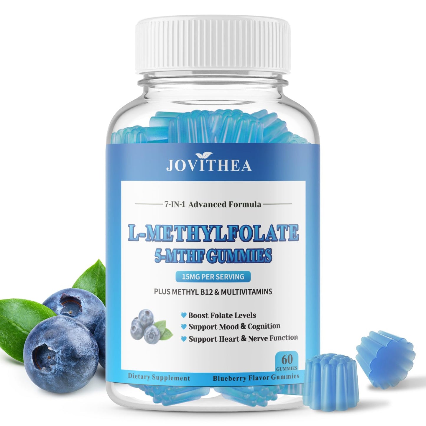 JOVITHEA L-Methylfolate 15mg Gummies with Methyl B12, Folate 5-MTHF Supplement for Mood, Brain Health, Cognition & Immunity, Sugar Free, Vegan, Non-GMO, 60 Count