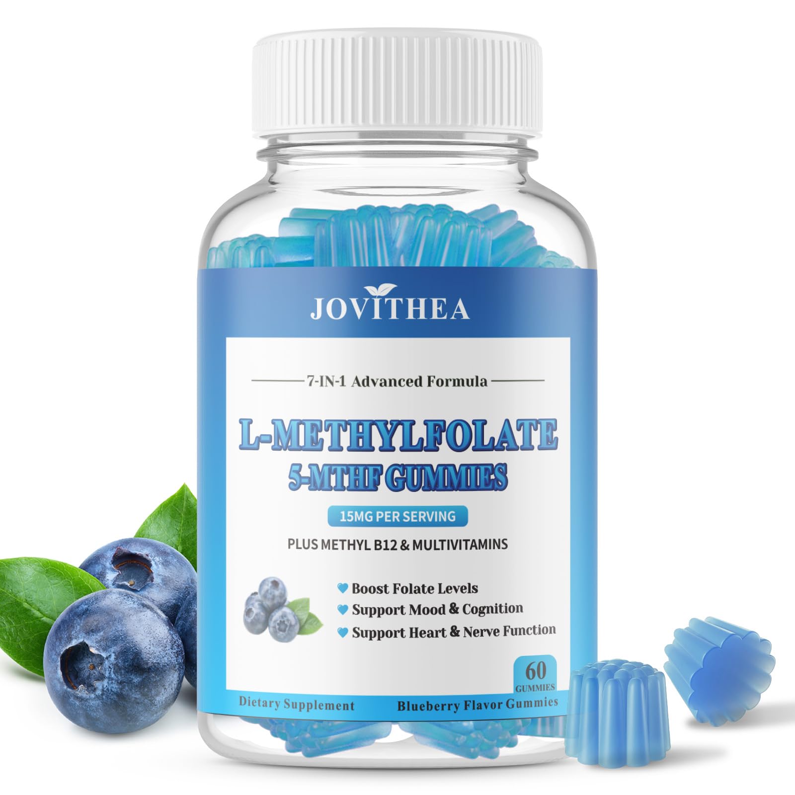 JOVITHEA L-Methylfolate 15mg Gummies with Methyl B12, Folate 5-MTHF Supplement for Mood, Brain Health, Cognition & Immunity, Sugar Free, Vegan, Non-GMO, 60 Count