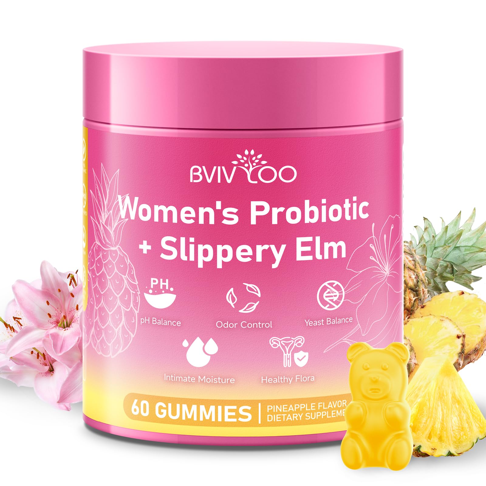 BVIVLOO Women's Probiotic Slippery Elm Gummies, 60 Count