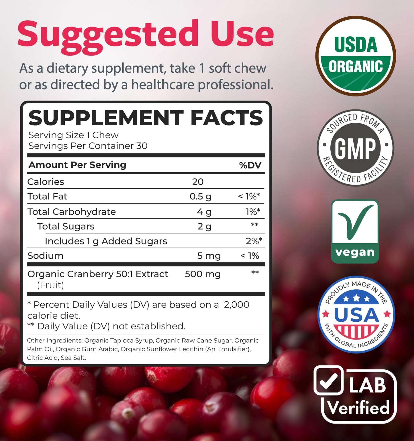 PURE CO Certified Organic Cranberry Soft Chews 30 Count