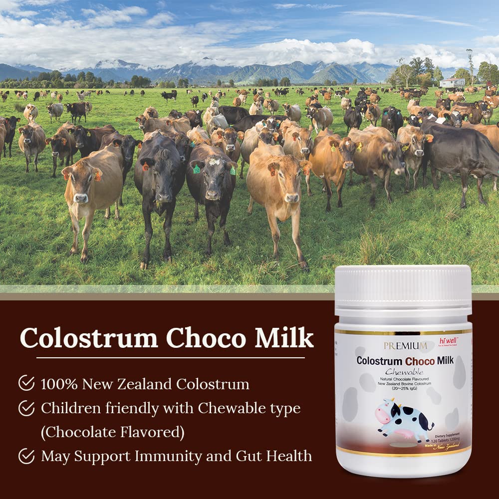 Hi Well Pure & Natural New Zealand Grass-Fed Colostrum Choco Milk Tablets, 150