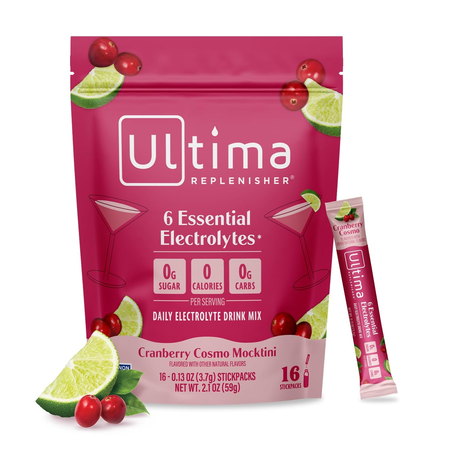 Ultima Replenisher Daily Electrolyte Powder Cranberry Cosmo Stick Packs, 16 Count