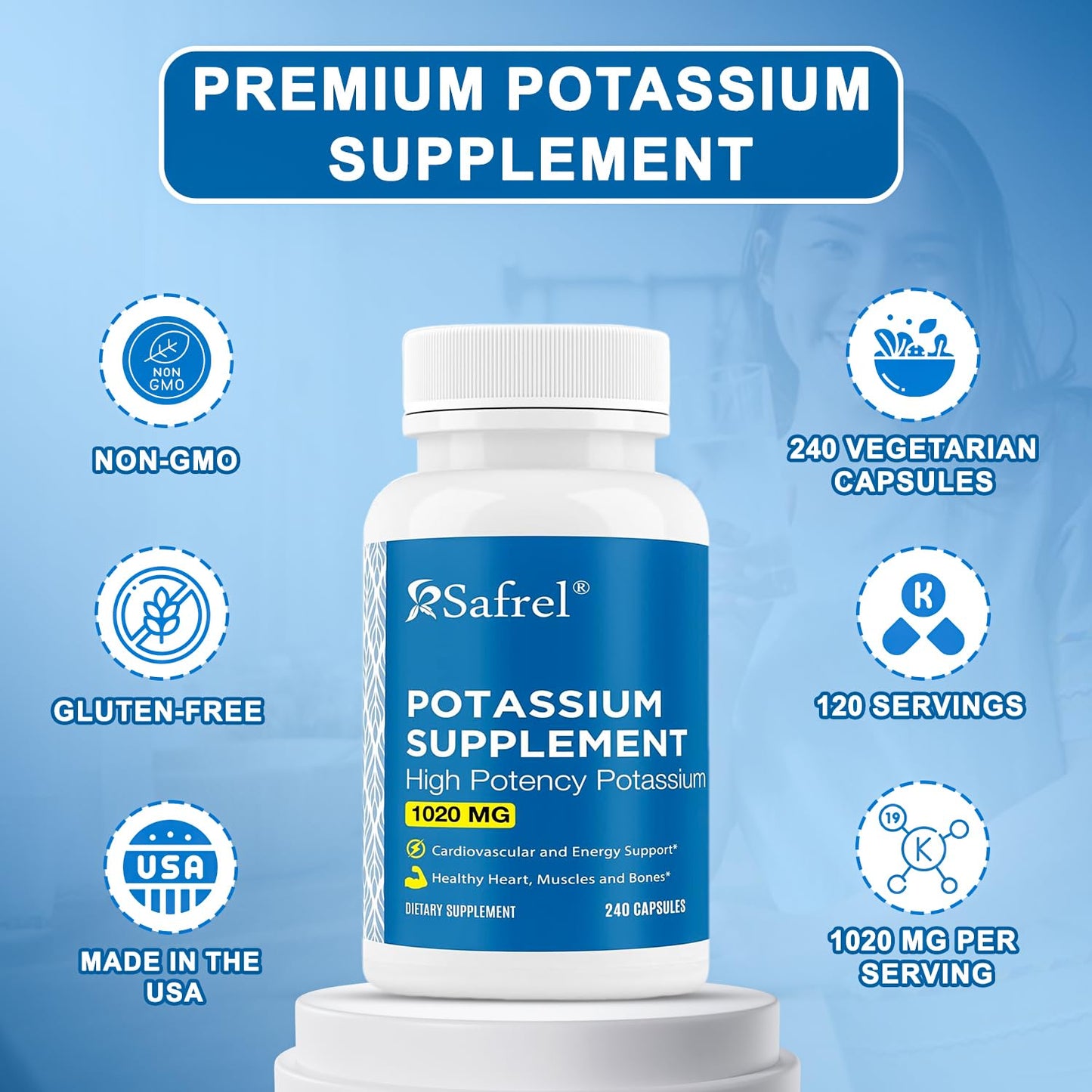 Safrel Potassium Supplement Capsules, 240 Count