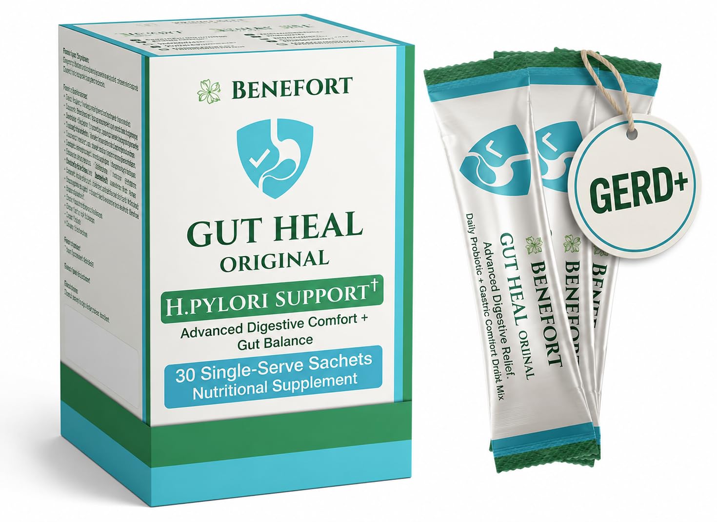Benefort Gut Heal H Pylori Probiotic Powder with Pylopass & Gastro-AD, 60 Billion CFU L Reuteri Stomach Soothe Supplement, 30 Sachets