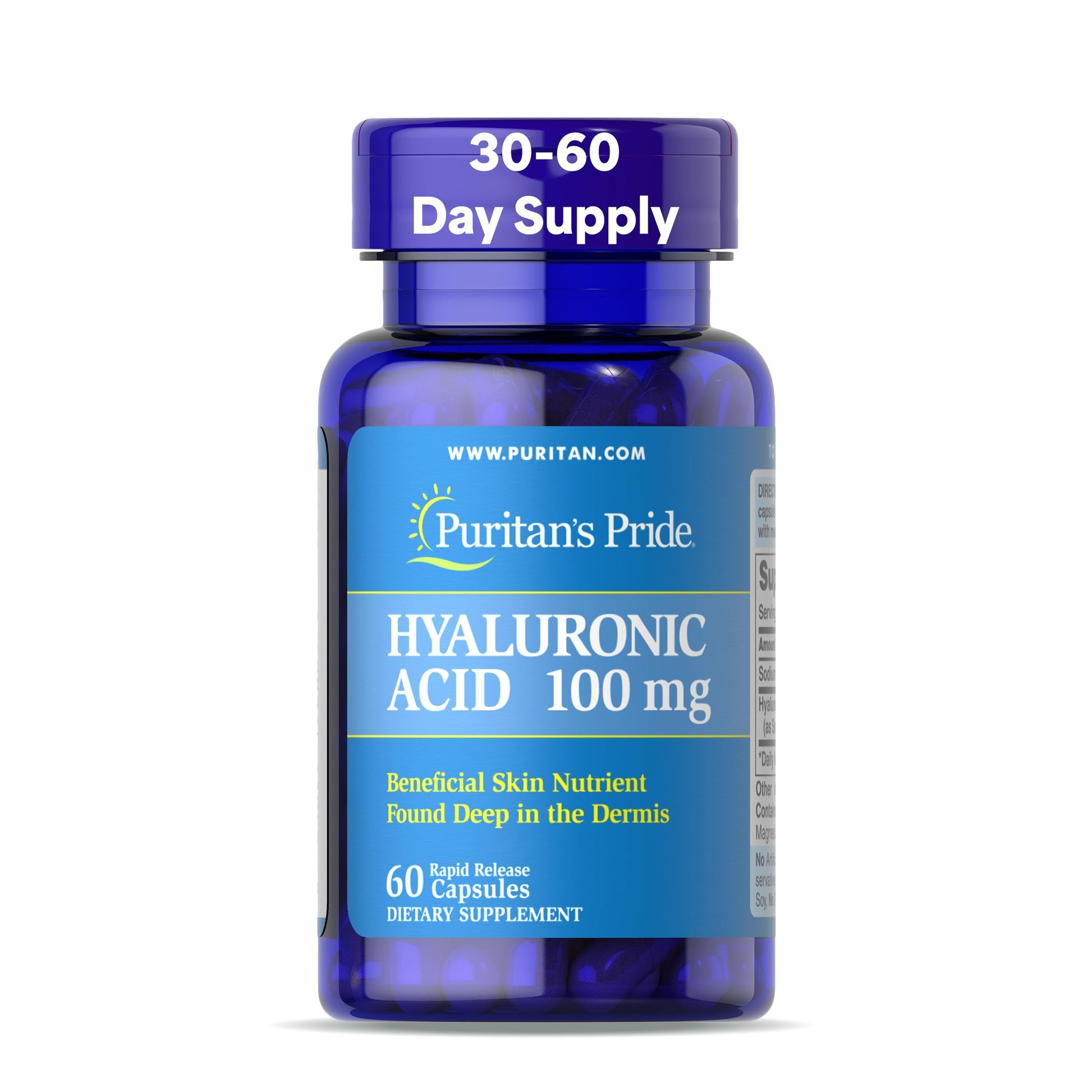 Puritan's Pride Hyaluronic Acid 100mg Dietary Supplement for Skin Hydration Rapid Release Capsules, 60 Capsules