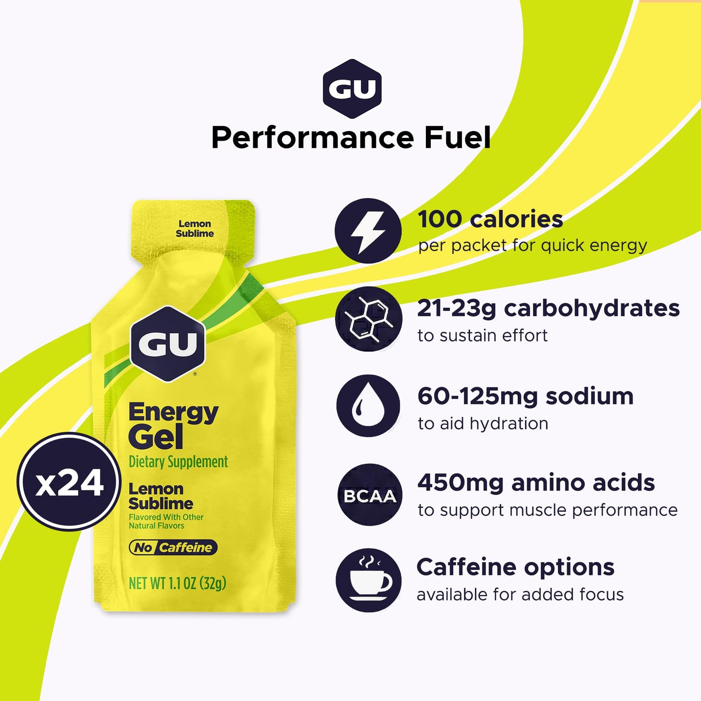 GU Energy Original Sports Nutrition Energy Gel, Vegan, Gluten-Free, Kosher, and Dairy-Free On-the-Go Energy for Any Workout, 24-Count, Lemon Sublime