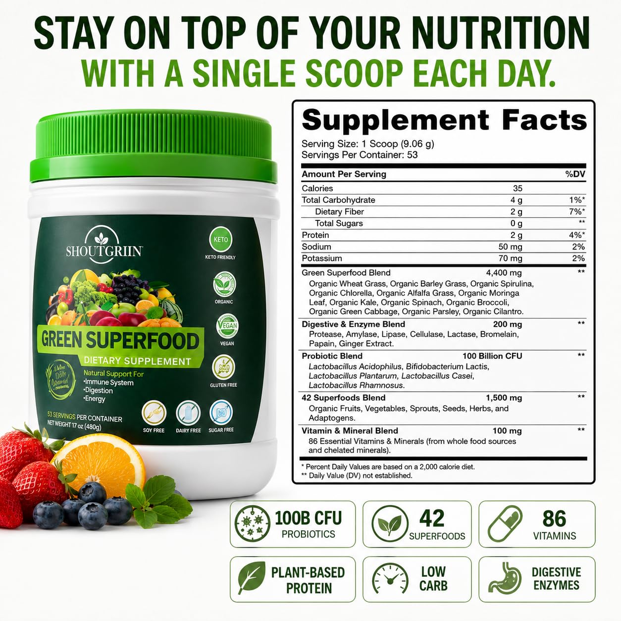 SHOUTGRIIN Green Superfood Powder 17 oz