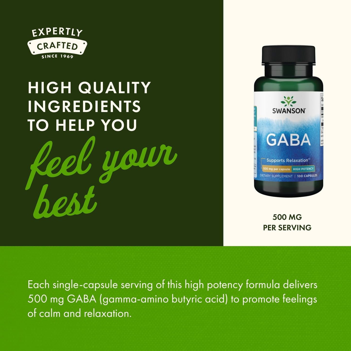 Swanson GABA 500mg Capsules, 100 Count