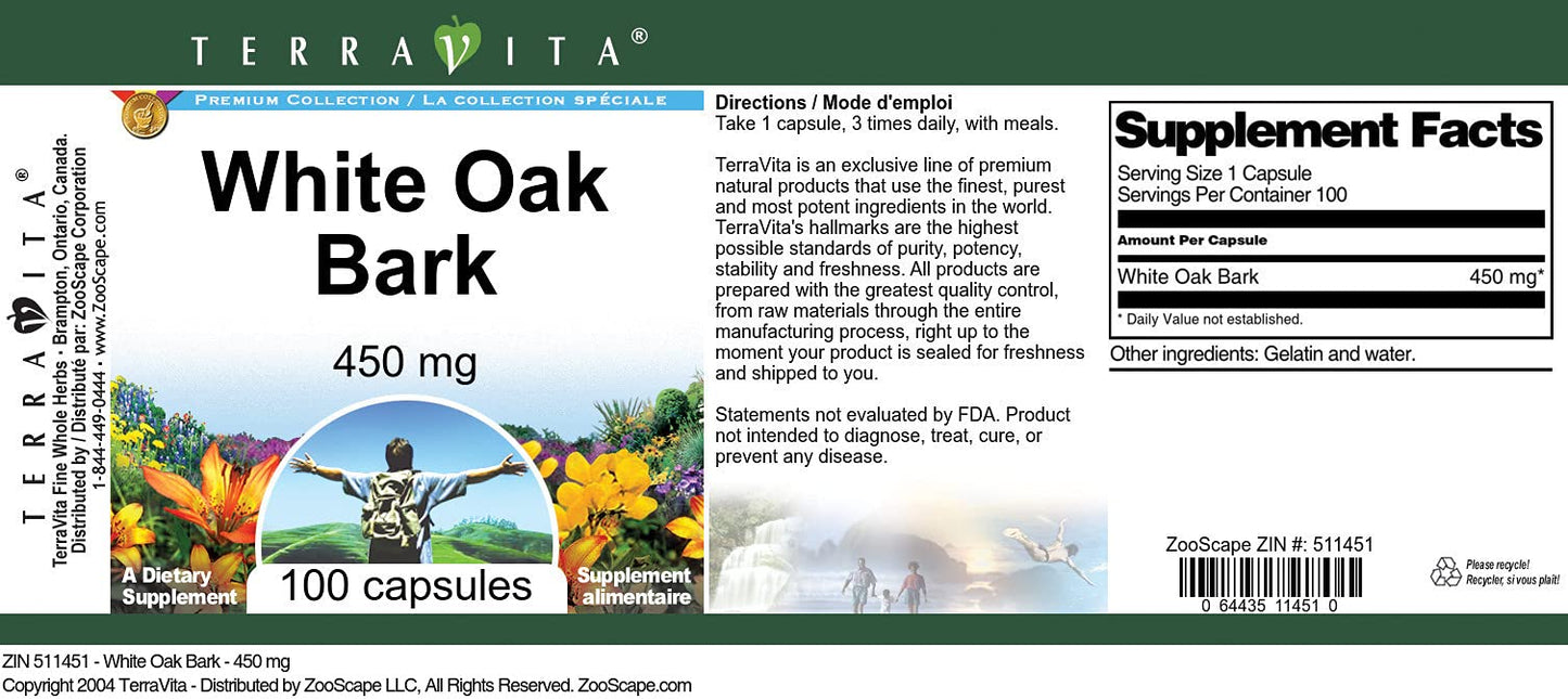 Terravita White Oak Bark 450 mg Capsules, 300 Count