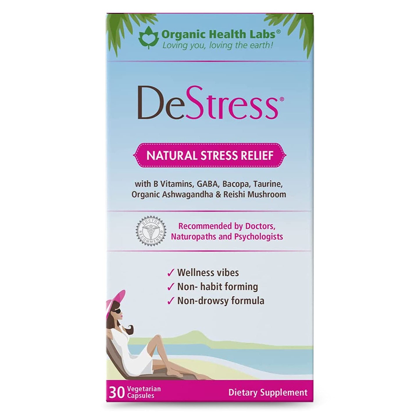 Organic Health Labs DeStress All-Natural Veggie Capsules with B Vitamins, Magnesium, Ashwagandha and L-Theanine, Anxiety Relief, 30 Capsules