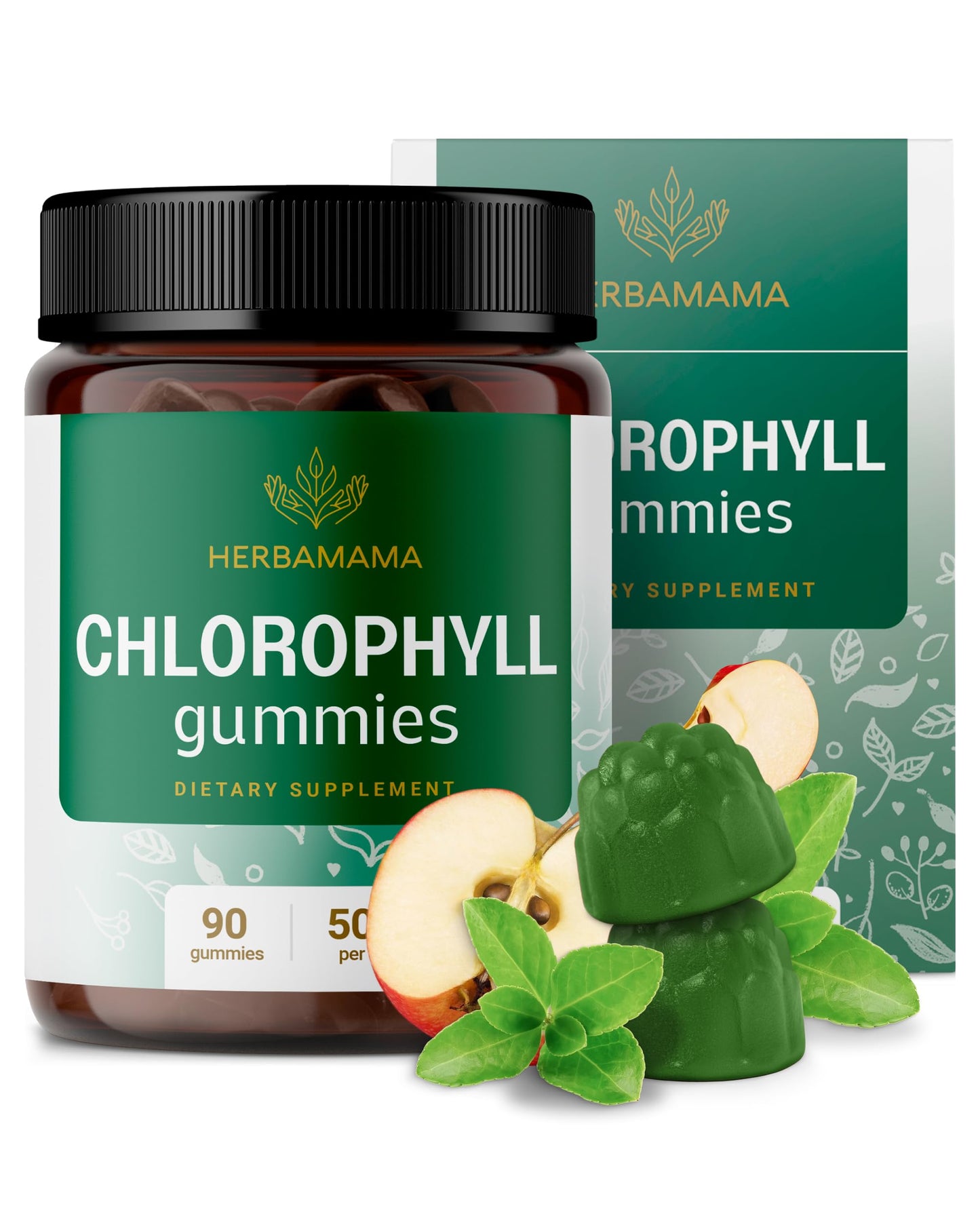 HERBAMAMA Chlorophyll Gummies – Internal Deodorant for Body Odor Support – 50 mg Sodium Copper Chlorophyllin per Serving – Vegan Chlorophyll for Immune & Digestive Support, 90 Count