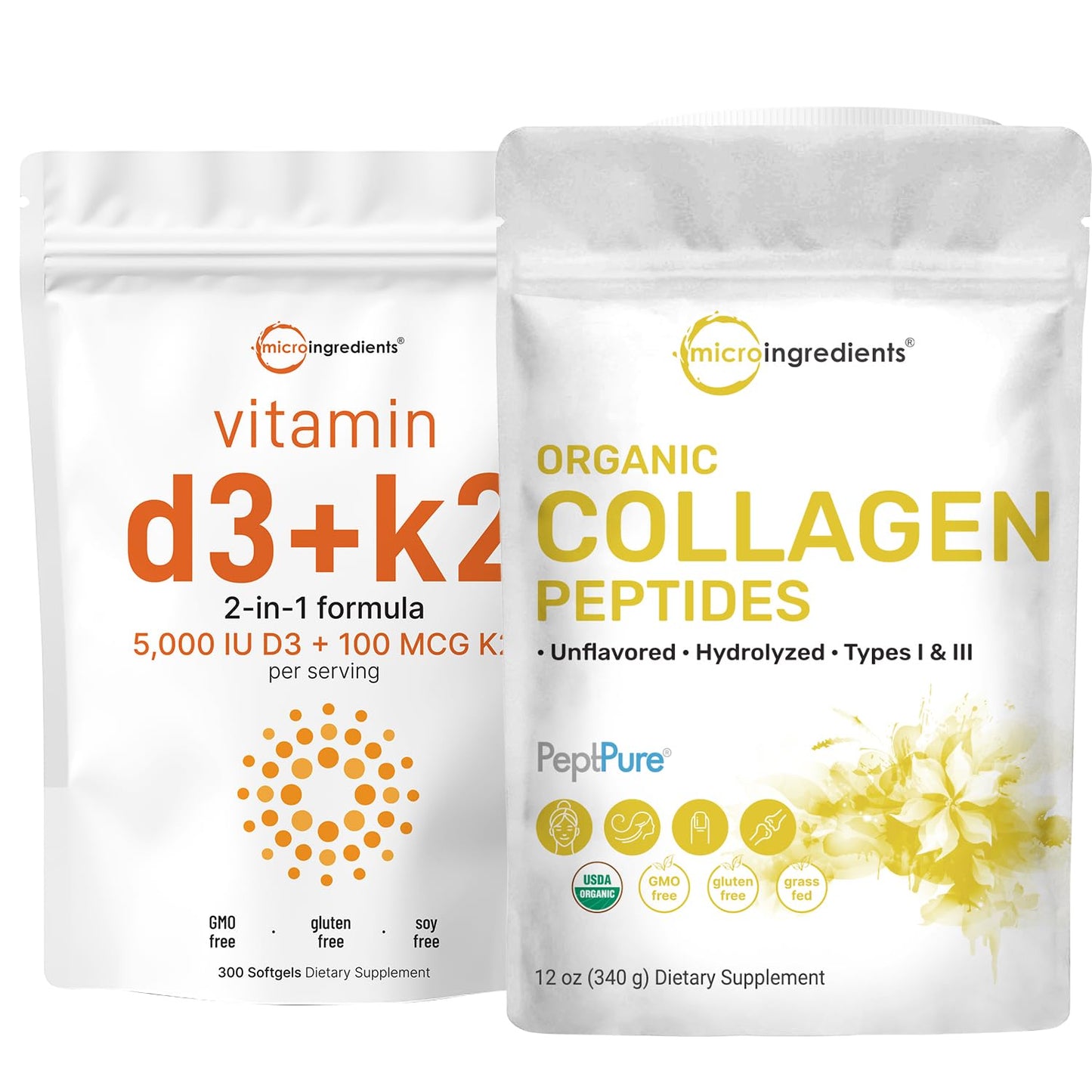 Micro Ingredients Vitamin D3 5000iu + K2 100mcg Softgels & Organic Collagen Peptides Powder Bundle 2 Pack