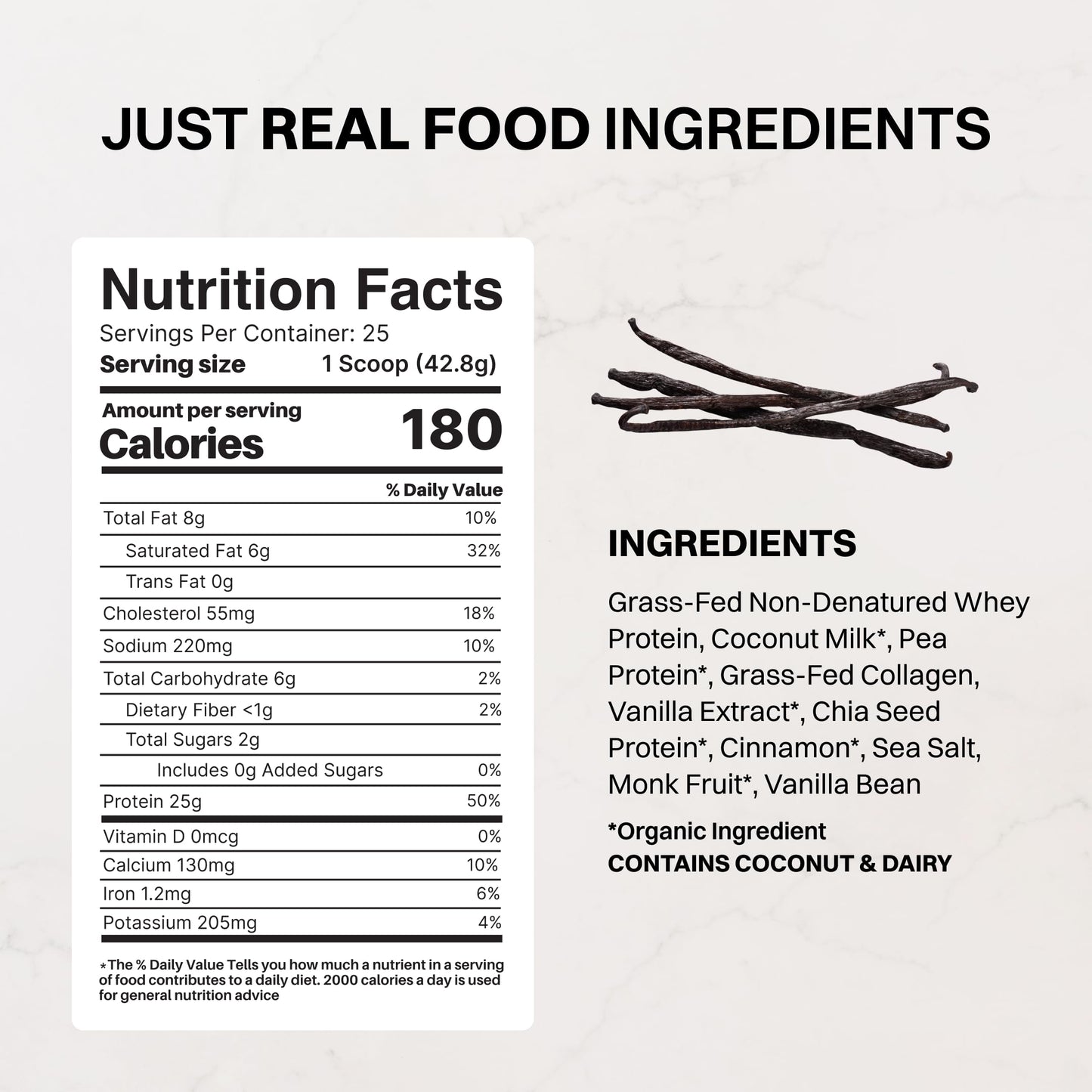 JUST INGREDIENTS Vanilla Bean Protein Powder, 25 Servings