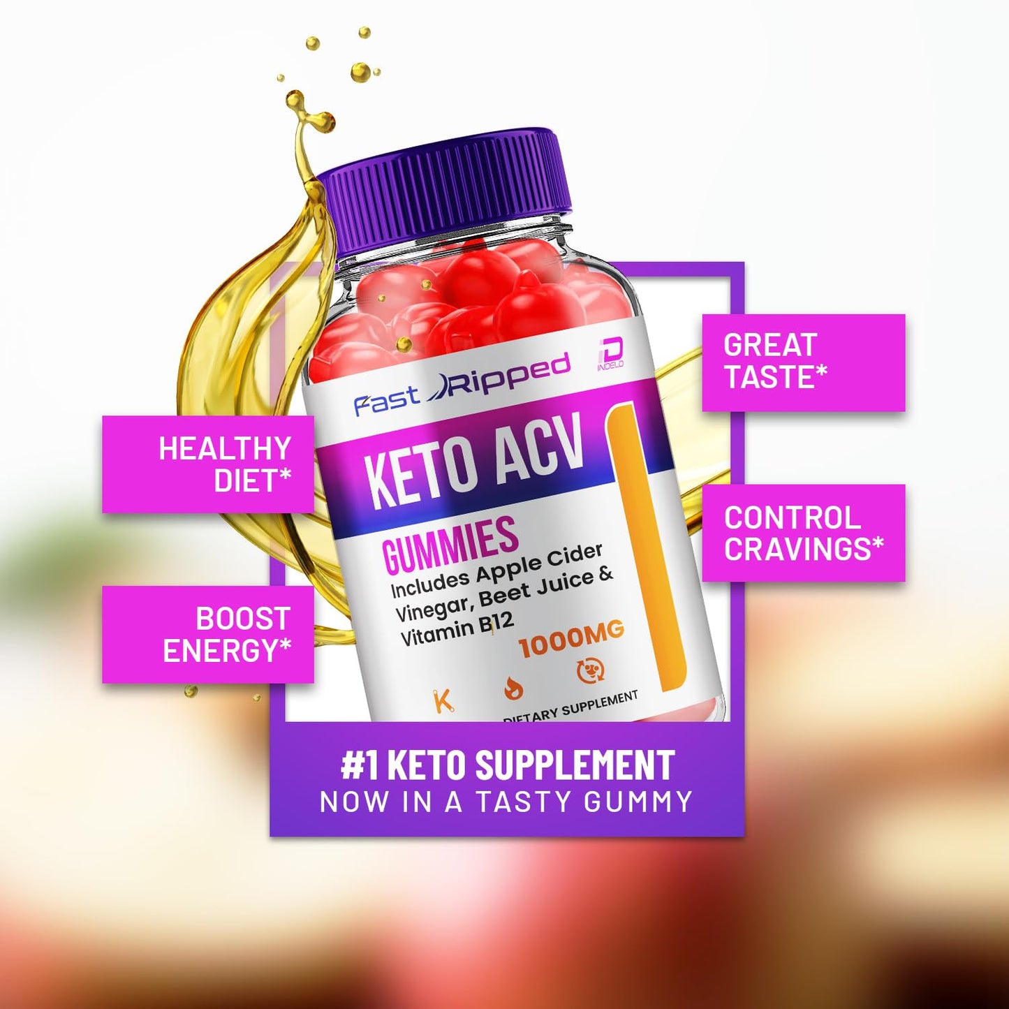 Indelo Fast Ripped ACV Gummies, 1000 mg Apple Cider Vinegar, 60 Gummies