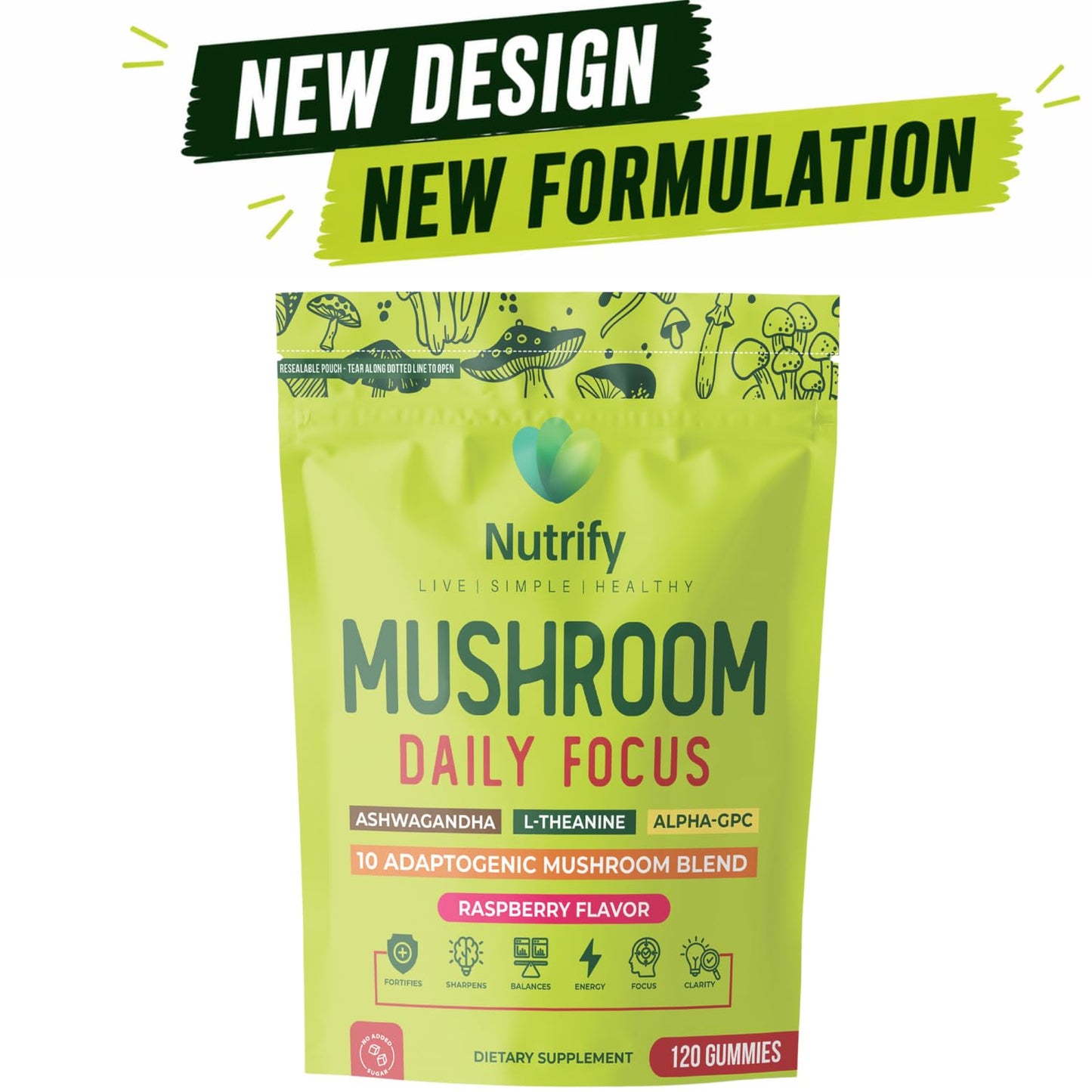 Nutrify Mushroom Gummies Immune Support & Brain Performance Resilience & Memory Boost with Reishi, Cordyceps, Turkey Tail, Maitake, Shiitake & Chaga Raspberry Flavor Vegan & Sugar Free, 120 Gummies