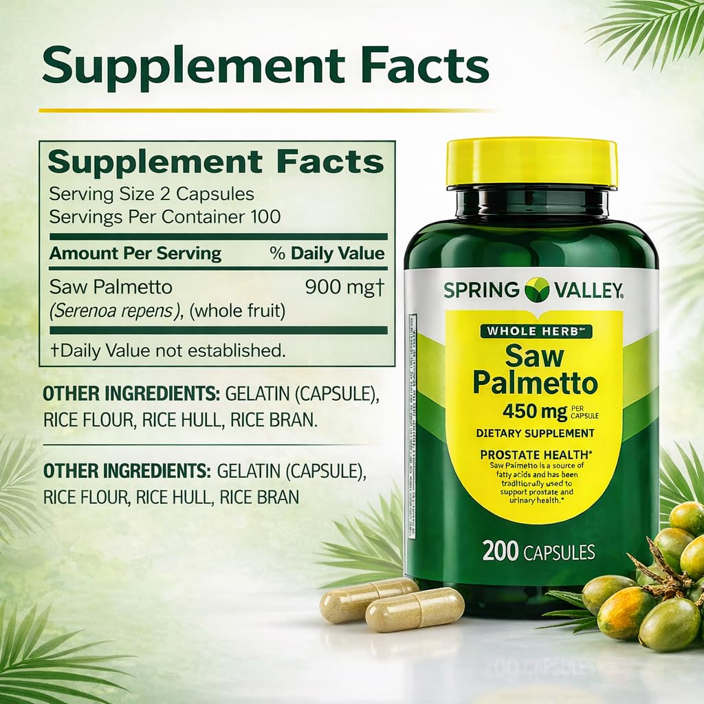 H4U Saw Palmetto Whole Herb 450 mg, 200 Capsules