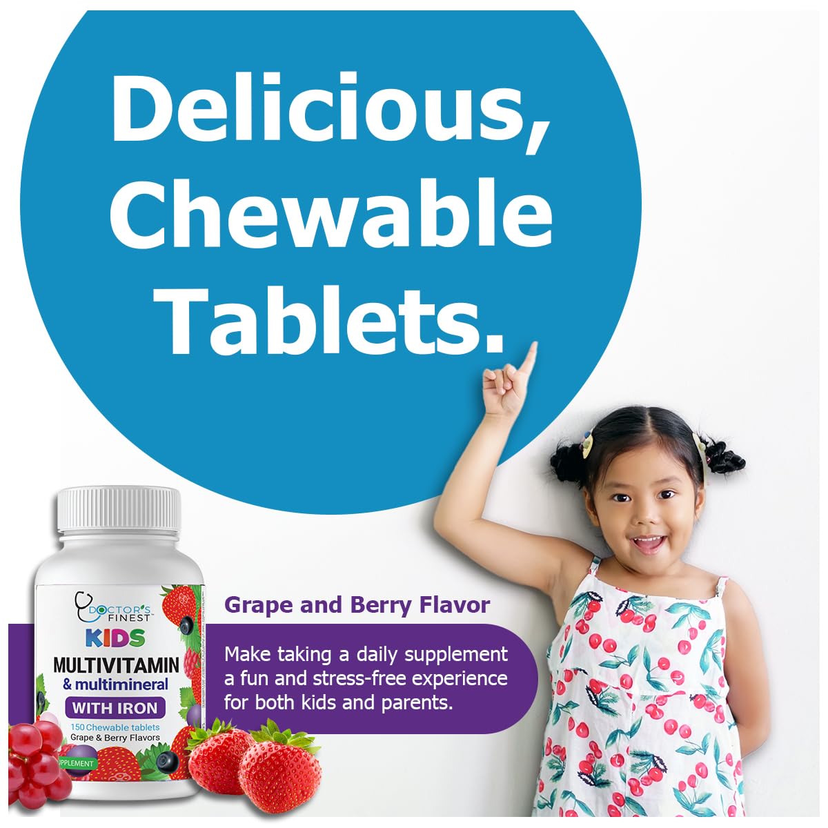 Doctor's Finest Kids Multivitamin & Multimineral with Iron, Grape & Berry Chewable Tablets, 150 Tablets