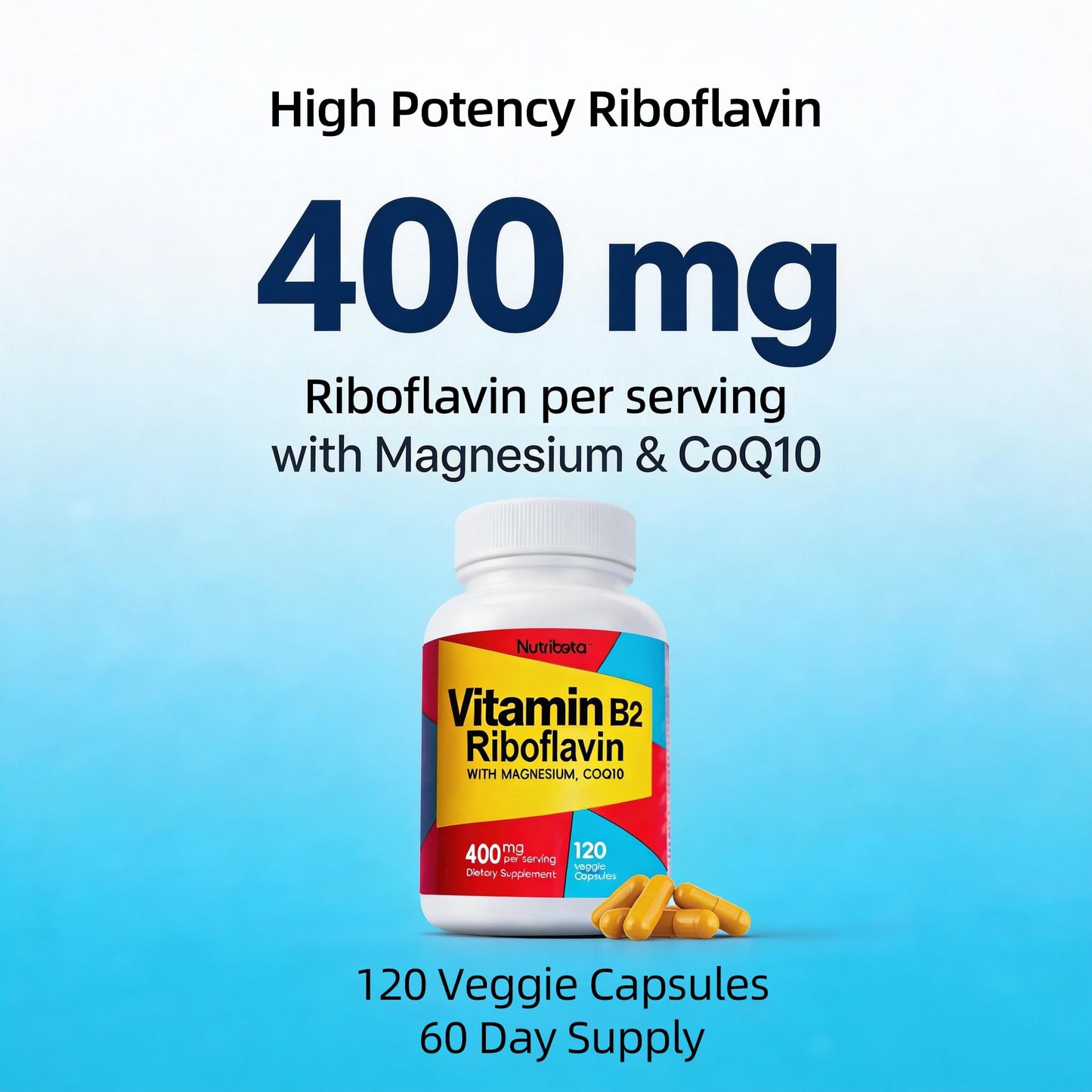 Nutribota Vitamin B2 Riboflavin 400mg with Magnesium & CoQ10 Veggie Capsules, 120 Count