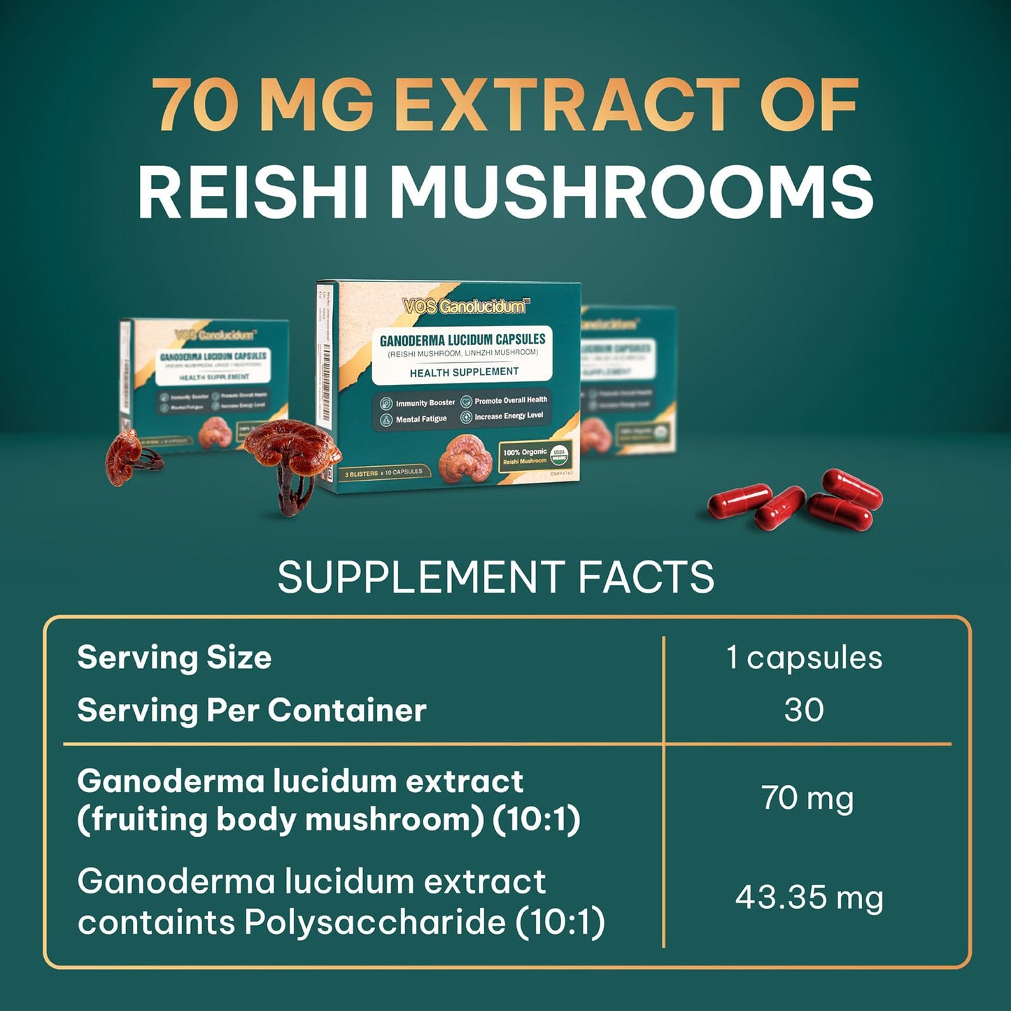 VOS GANOLUCIDUM Red Reishi Mushroom Capsules 30 Capsules