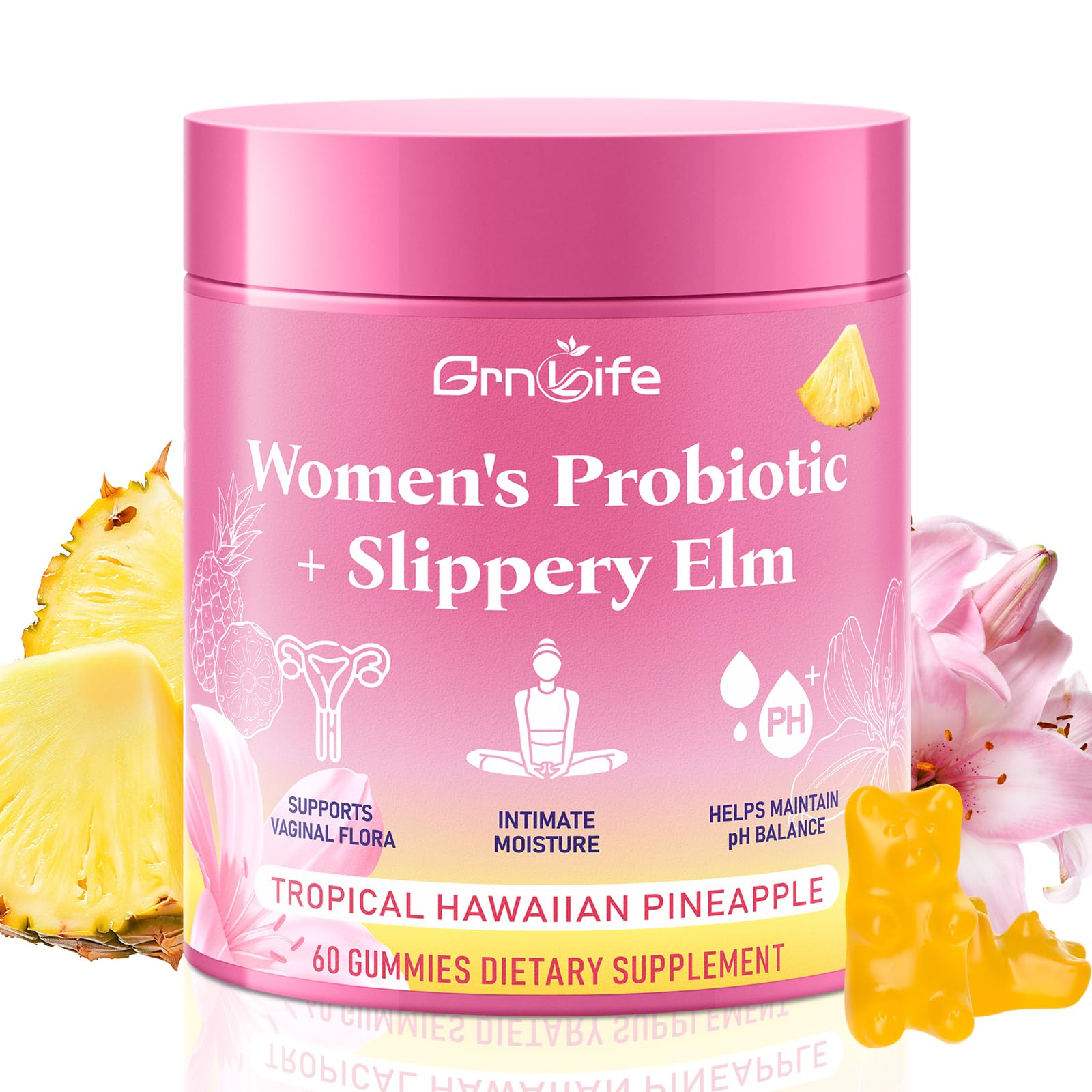 GrnLife Women's Probiotic Slippery Elm Gummies Gummy, 60 Count